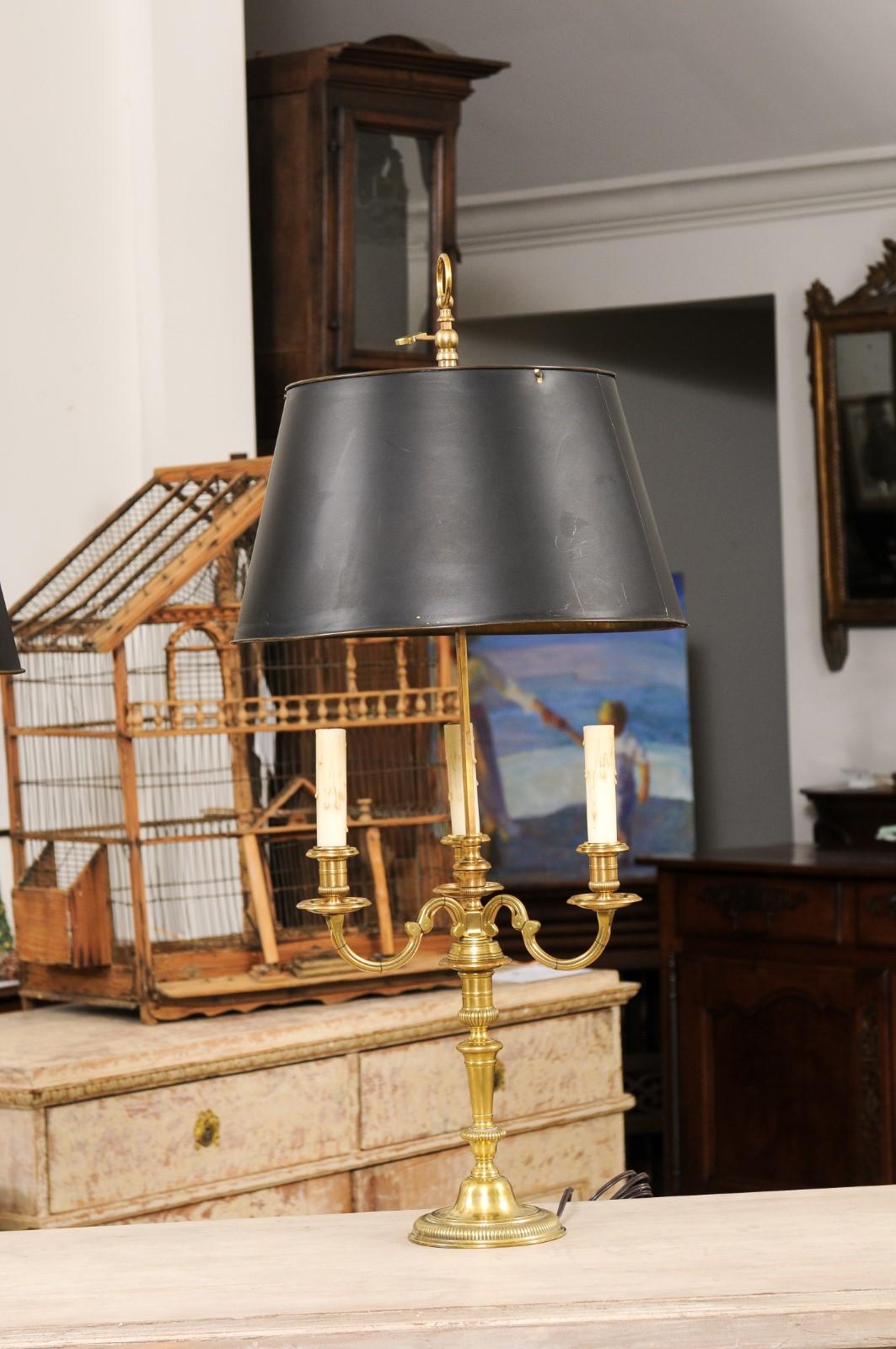20th Century Pair of French 1900s Bronze Bouillotte Lamps with Candelabras and Tôle Shades