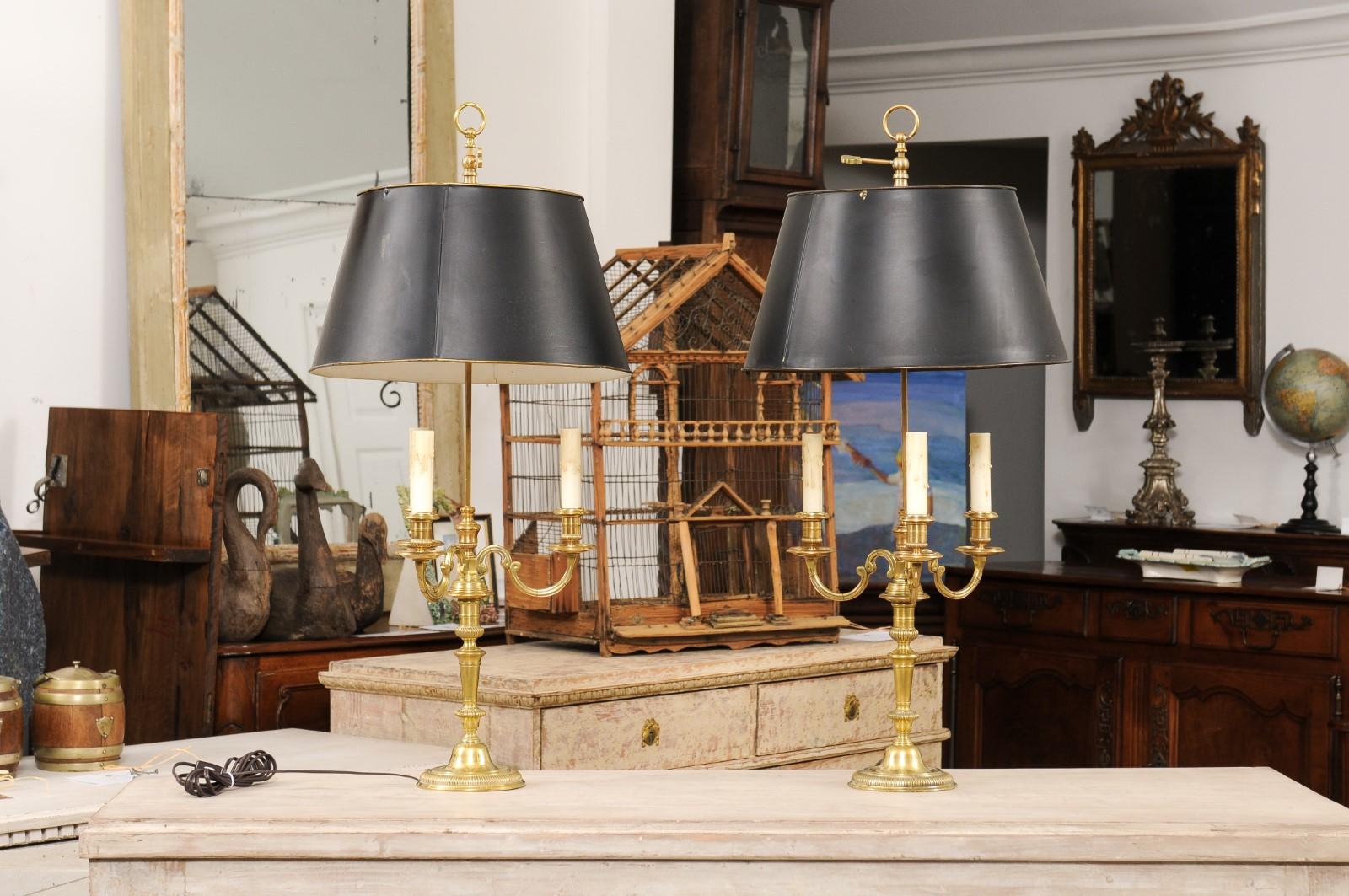 Pair of French 1900s Bronze Bouillotte Lamps with Candelabras and Tôle Shades 2