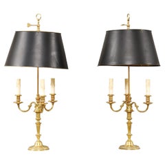 Pair of French 1900s Bronze Bouillotte Lamps with Candelabras and Tôle Shades