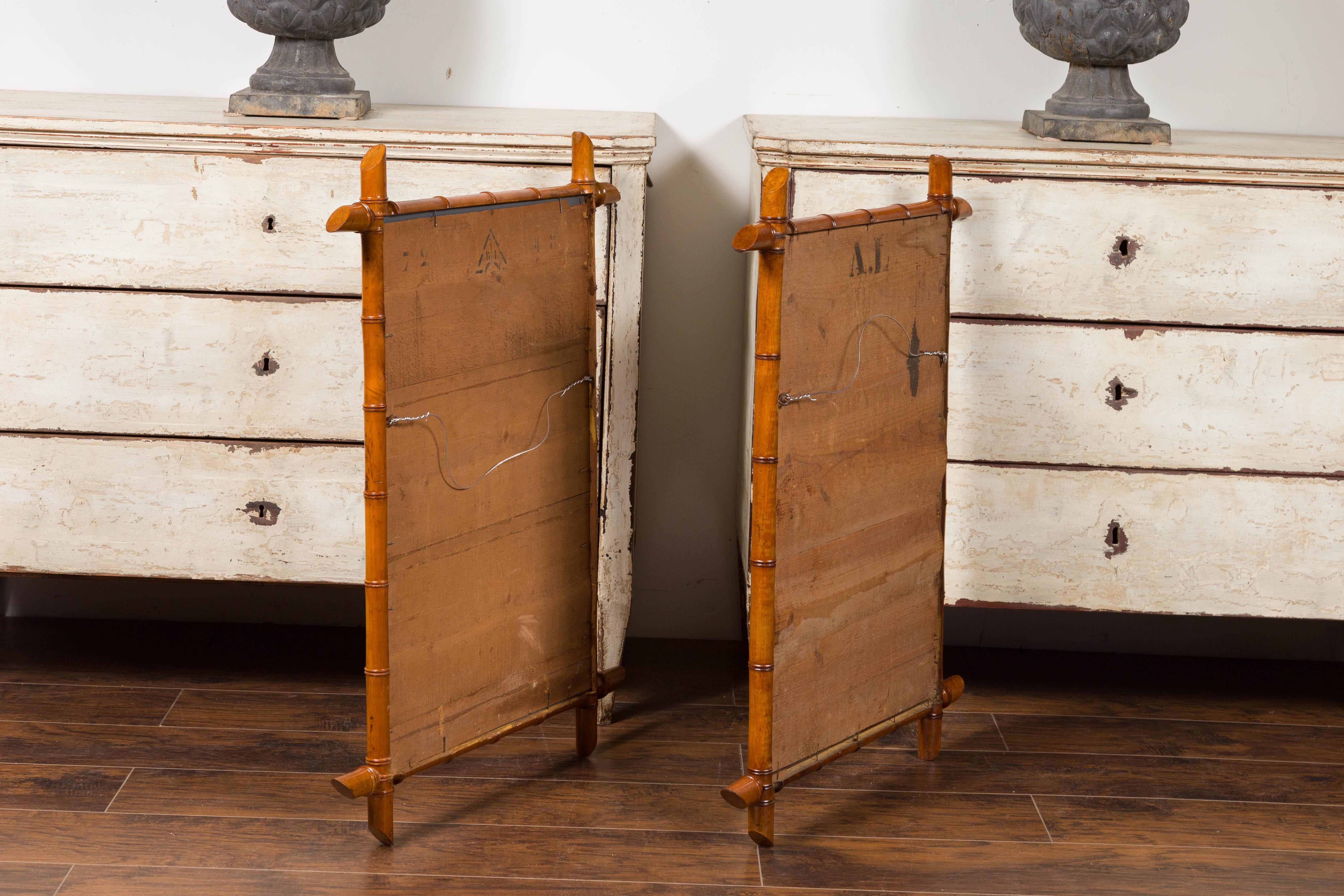 Pair of French 1900s Faux Bamboo Rectangular Mirrors with Protruding Corners 7
