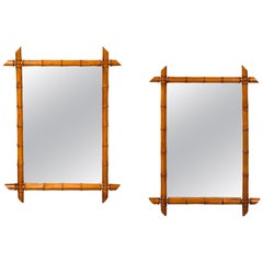 Pair of French 1900s Faux Bamboo Rectangular Mirrors with Protruding Corners