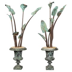 Pair of French 1900s Iron and Copper Floral Sculptures on Medicis Vase Bases