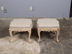 Pair of French 1900s Louis XV Style Painted Footstools with Linen Upholstery