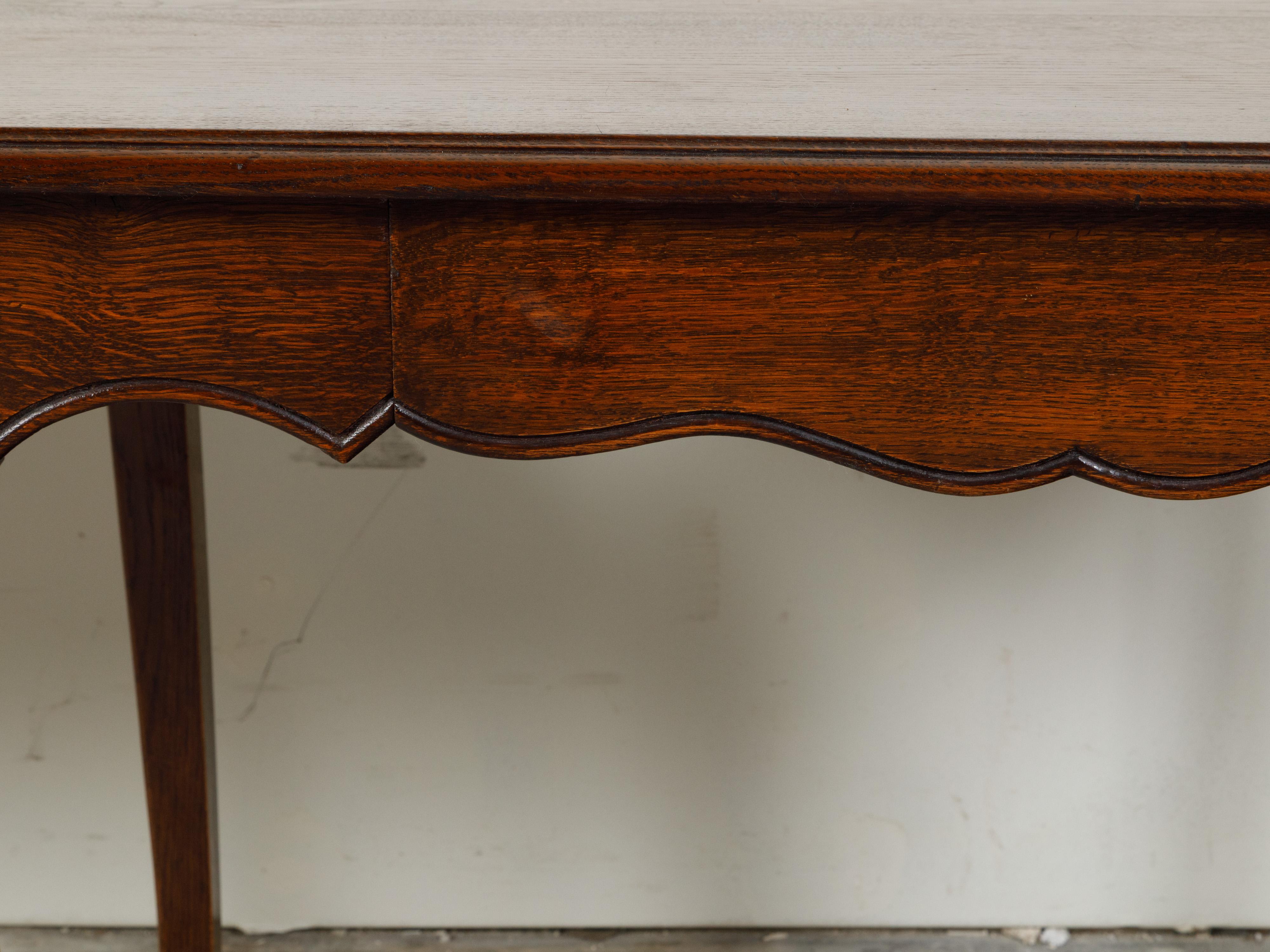 Pair of French 1900s Oak Console Tables with Single Drawers and Scalloped Aprons 5