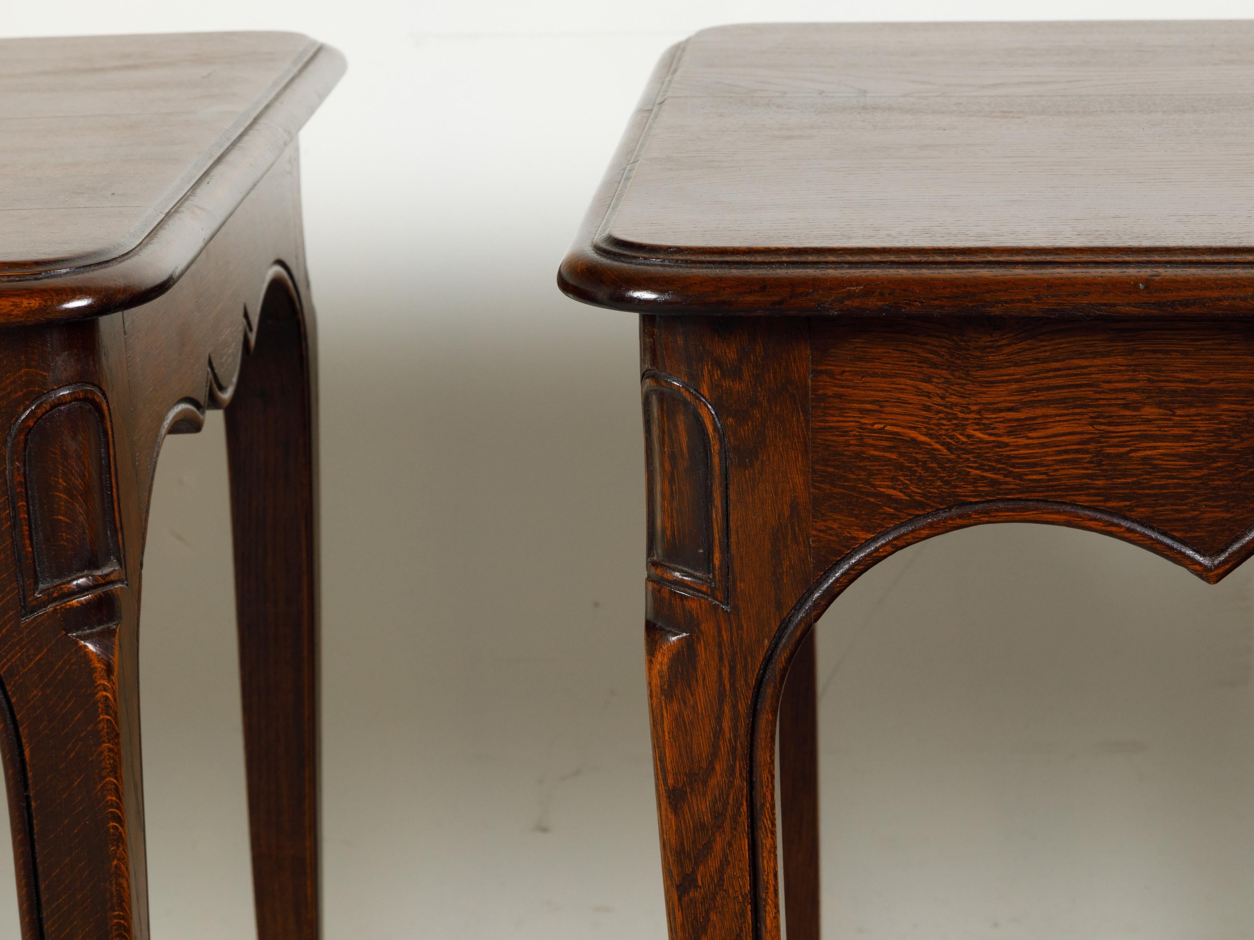 Pair of French 1900s Oak Console Tables with Single Drawers and Scalloped Aprons 8