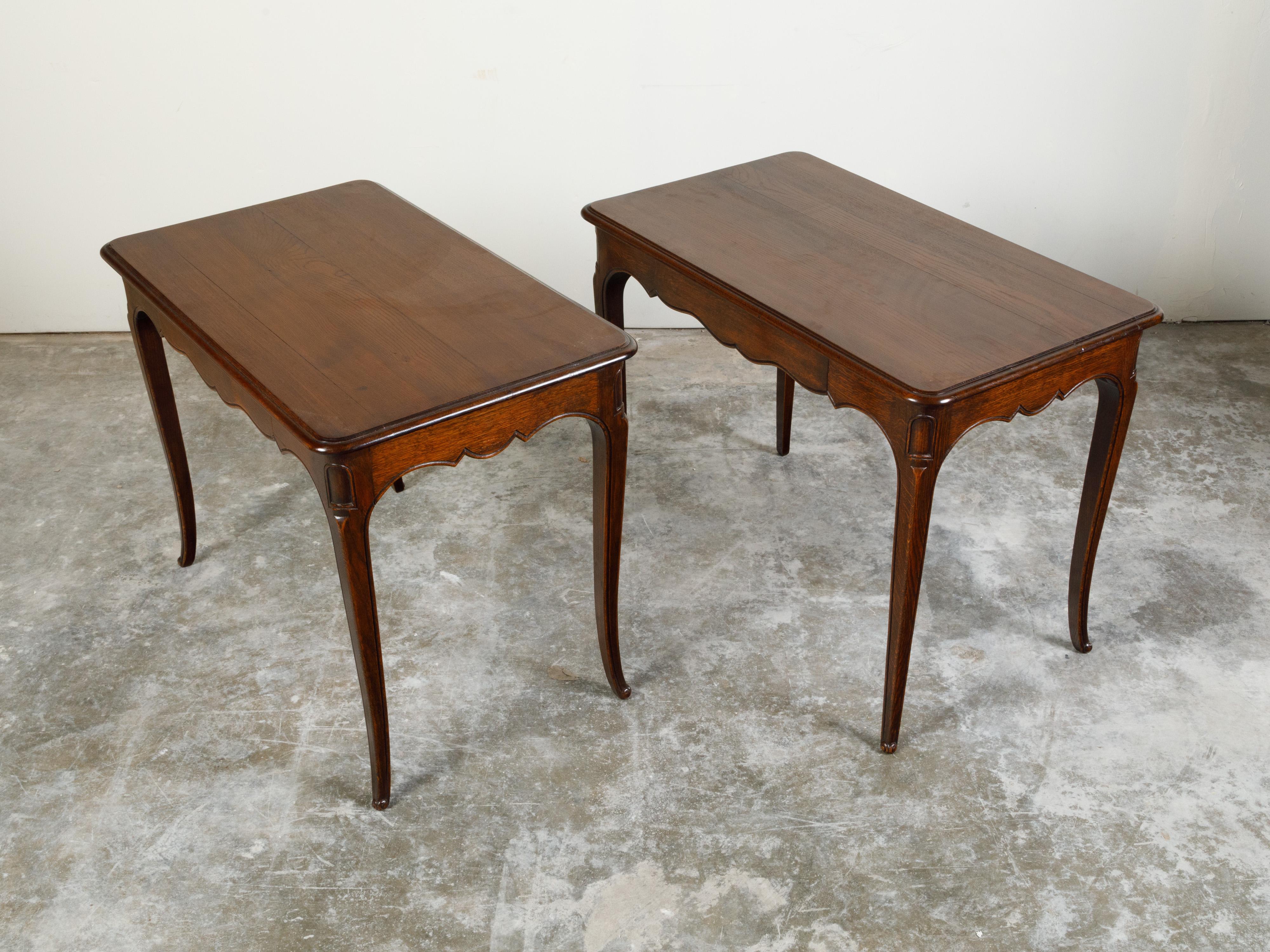 Pair of French 1900s Oak Console Tables with Single Drawers and Scalloped Aprons 4
