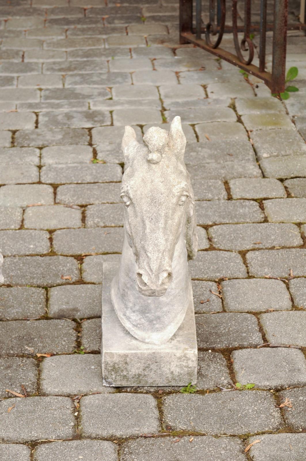 20th Century Pair of French 1900s Turn of the Century Carved Stone Horse Head Sculptures