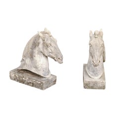 Antique Pair of French 1900s Turn of the Century Carved Stone Horse Head Sculptures