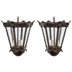 Pair of French 1900s Turn of the Century Four Light Bronze Lanterns with Shells