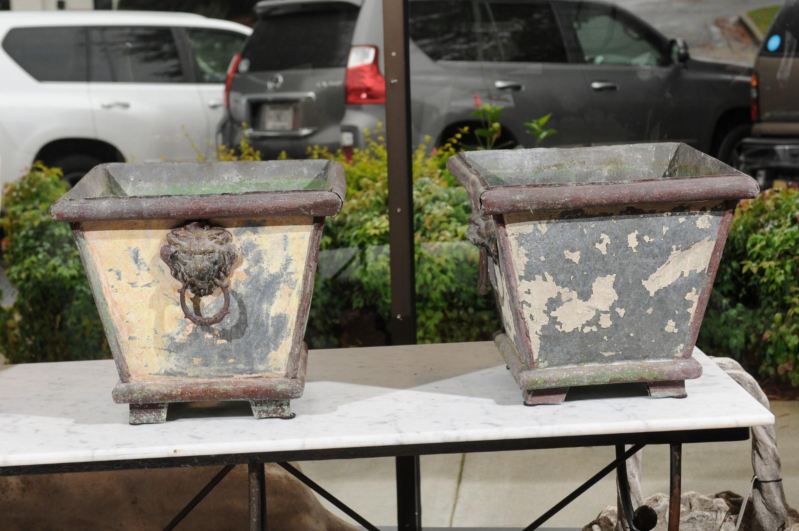 Pair of French 1900s Zinc Planters with Weathered Patina and Lion Head Motifs 1