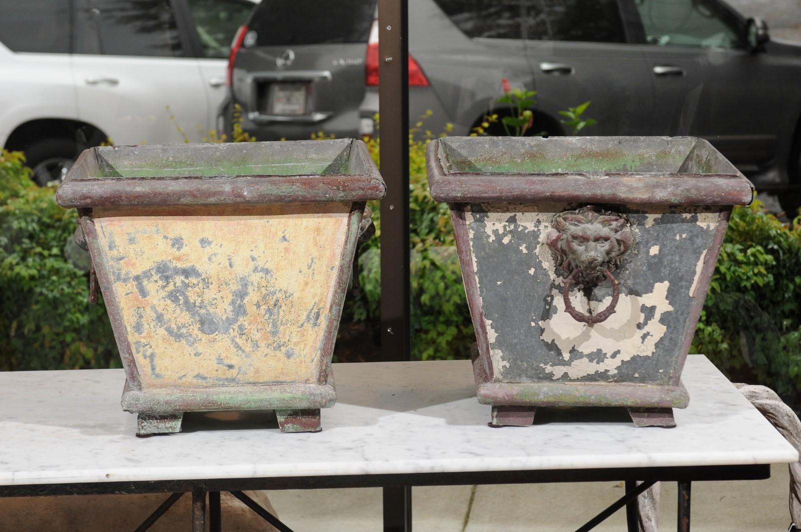 Pair of French 1900s Zinc Planters with Weathered Patina and Lion Head Motifs 2