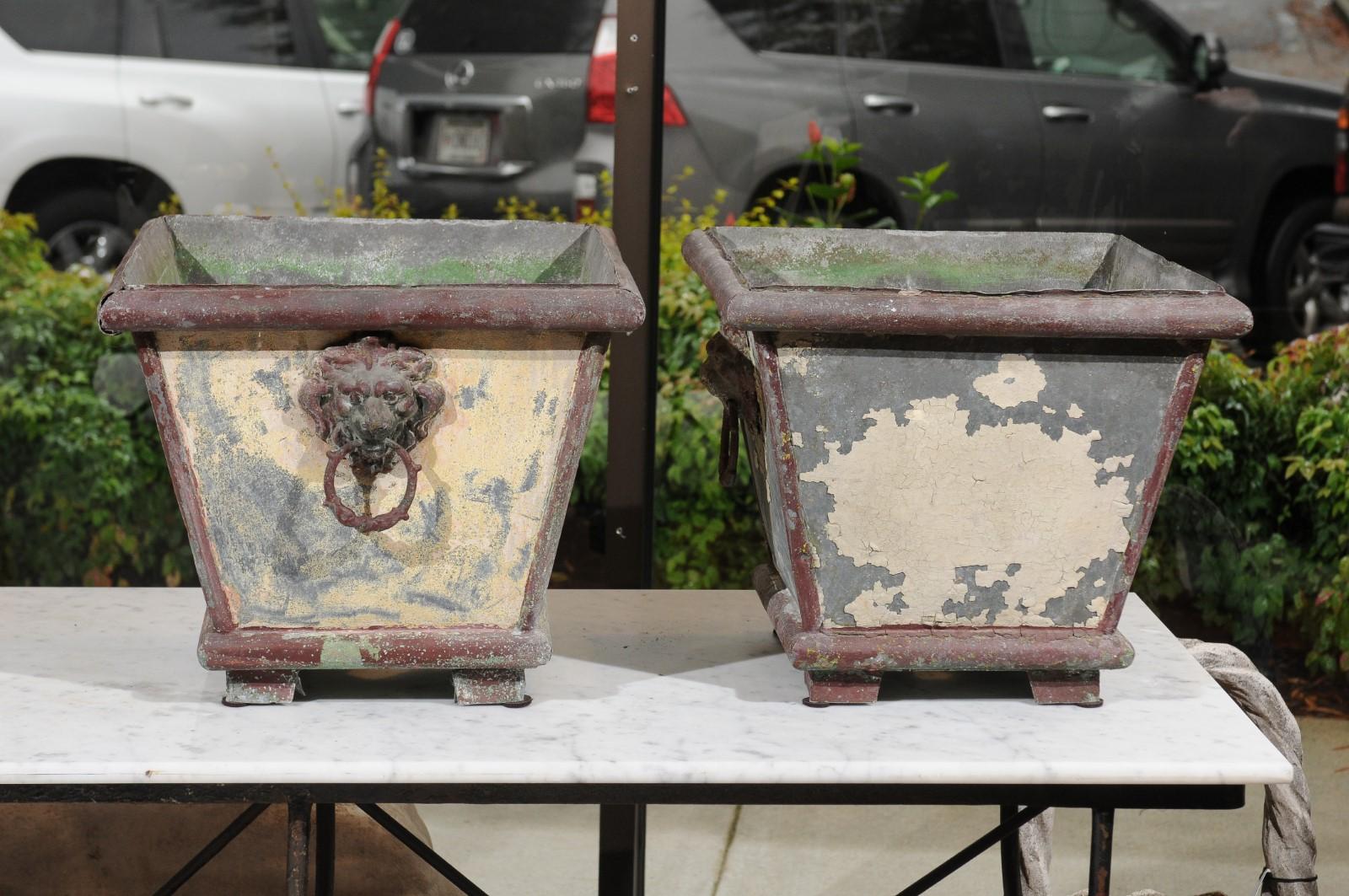 Pair of French 1900s Zinc Planters with Weathered Patina and Lion Head Motifs 3