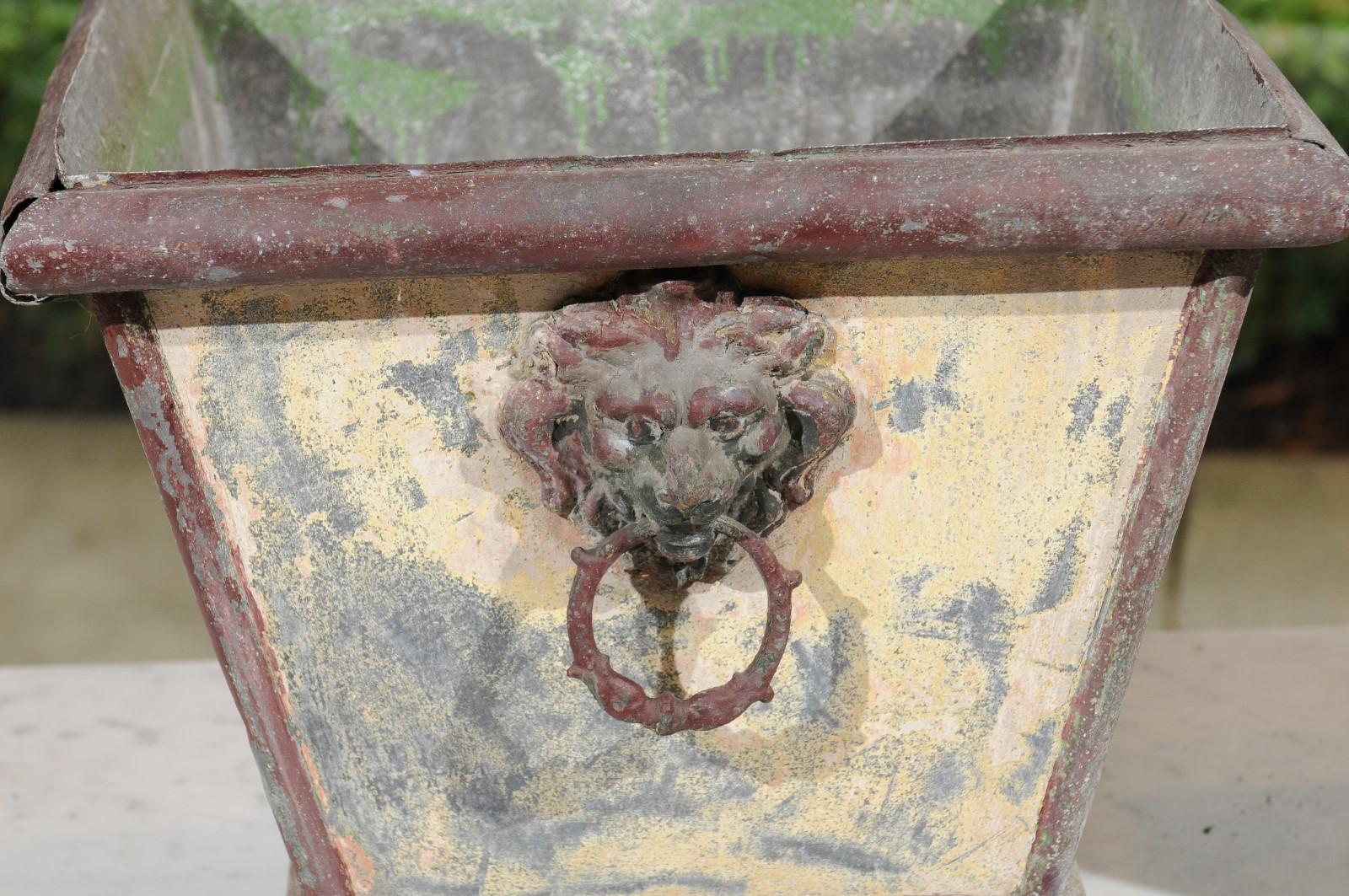 Pair of French 1900s Zinc Planters with Weathered Patina and Lion Head Motifs 4