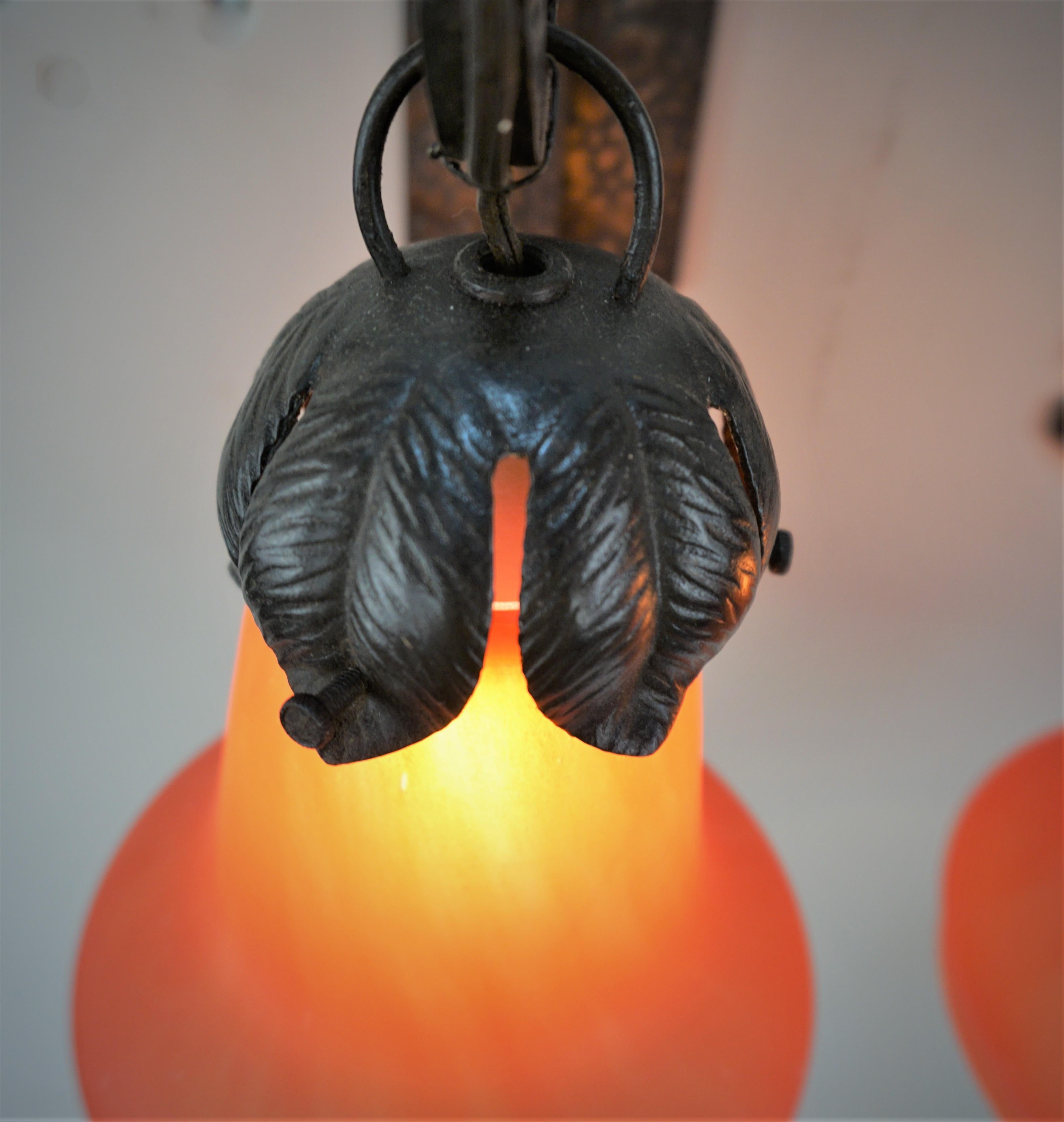 Pair of French 1920's Blown Glass and Iron Wall Sconces For Sale 2