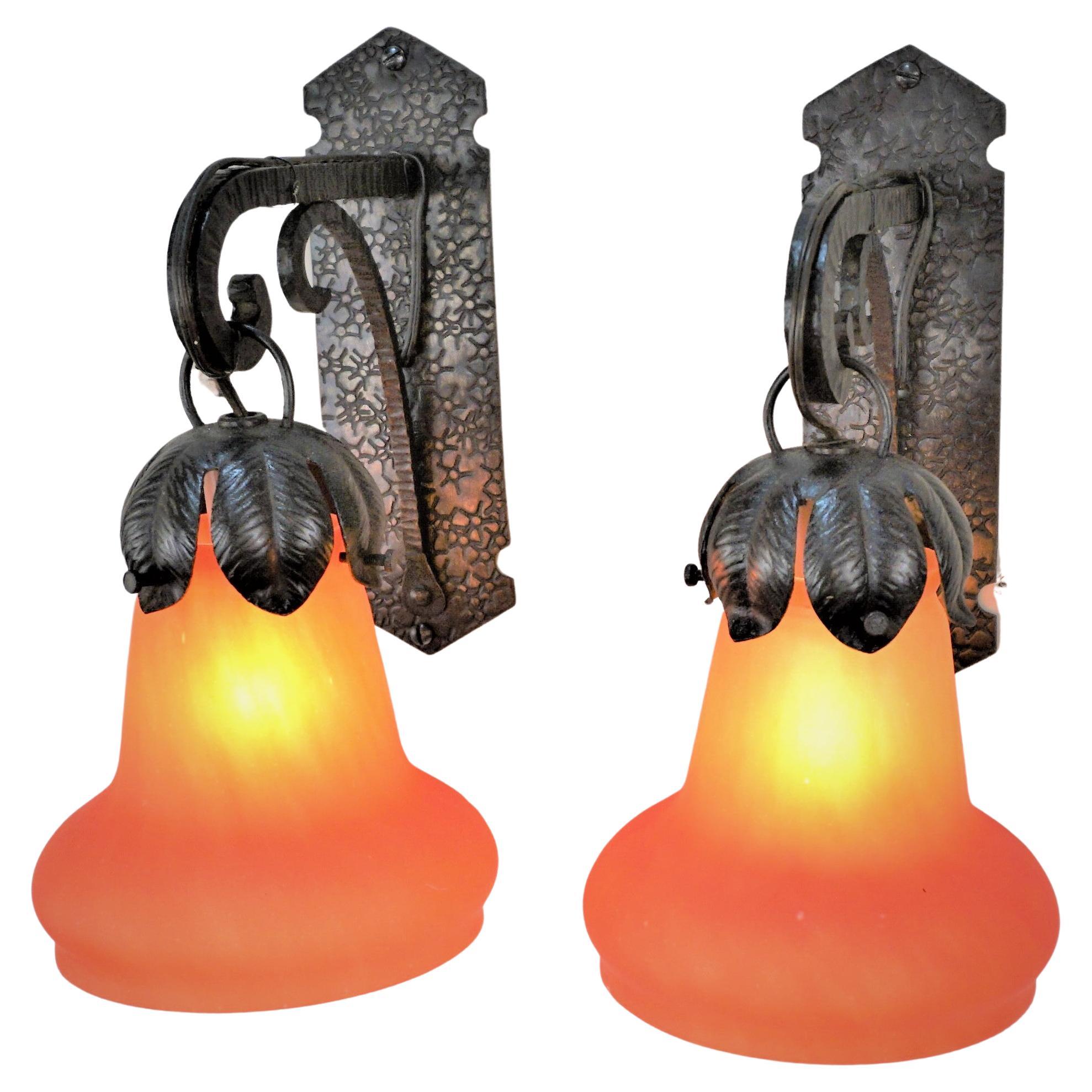 Pair of French 1920's Blown Glass and Iron Wall Sconces For Sale