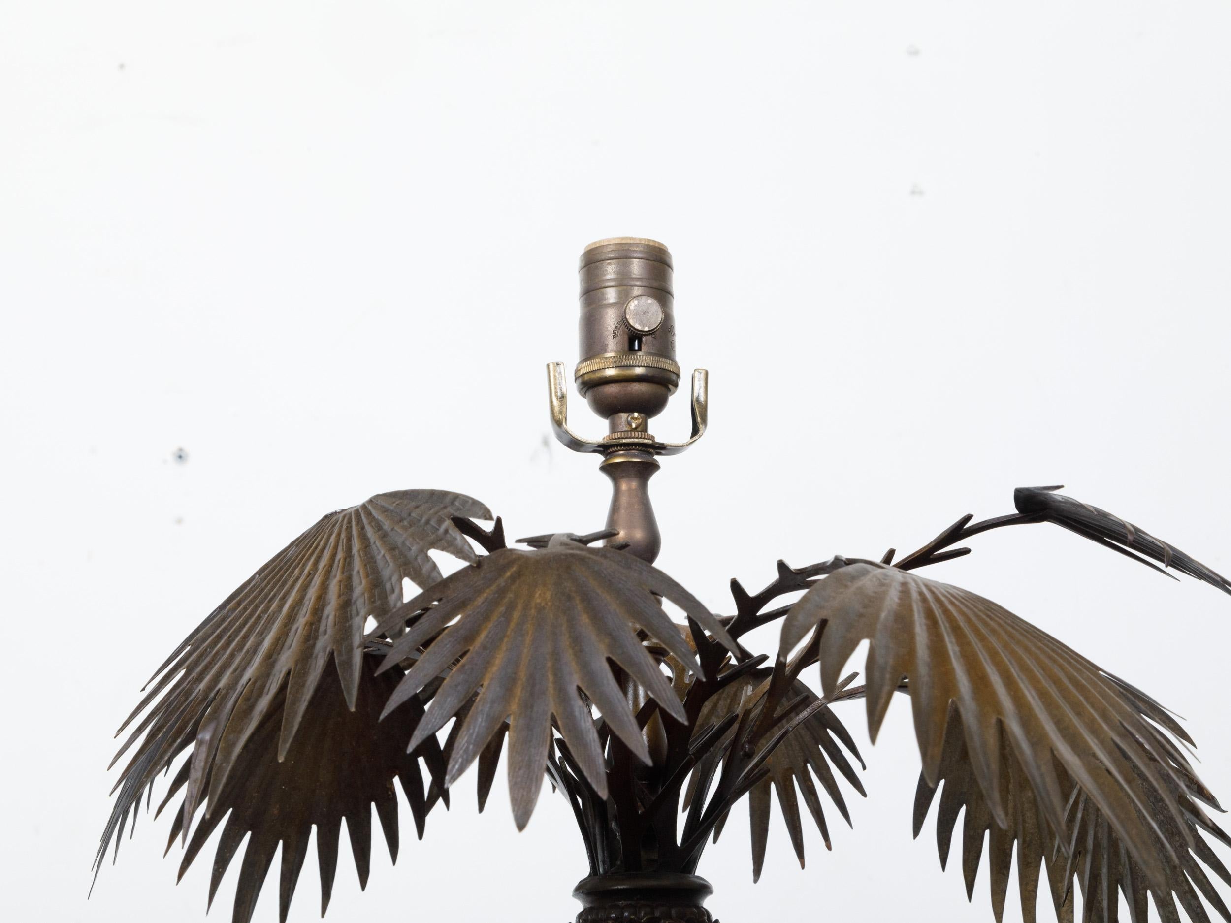 Pair of French 1920s Bronze Palm Tree Table Lamps on Octagonal Bases, USA Wired For Sale 6