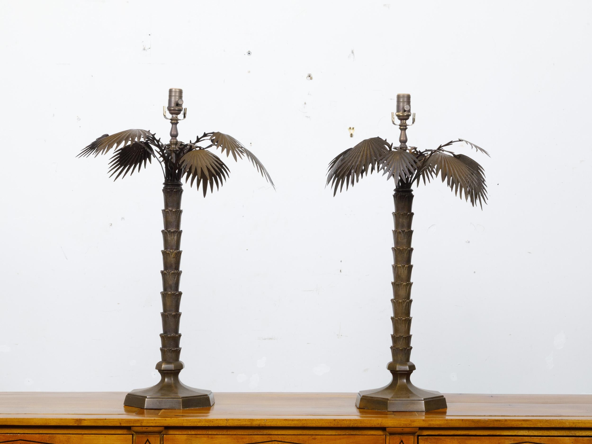 Pair of French 1920s Bronze Palm Tree Table Lamps on Octagonal Bases, USA Wired For Sale 7