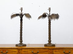 Pair of French 1920s Bronze Palm Tree Table Lamps on Octagonal Bases, USA Wired