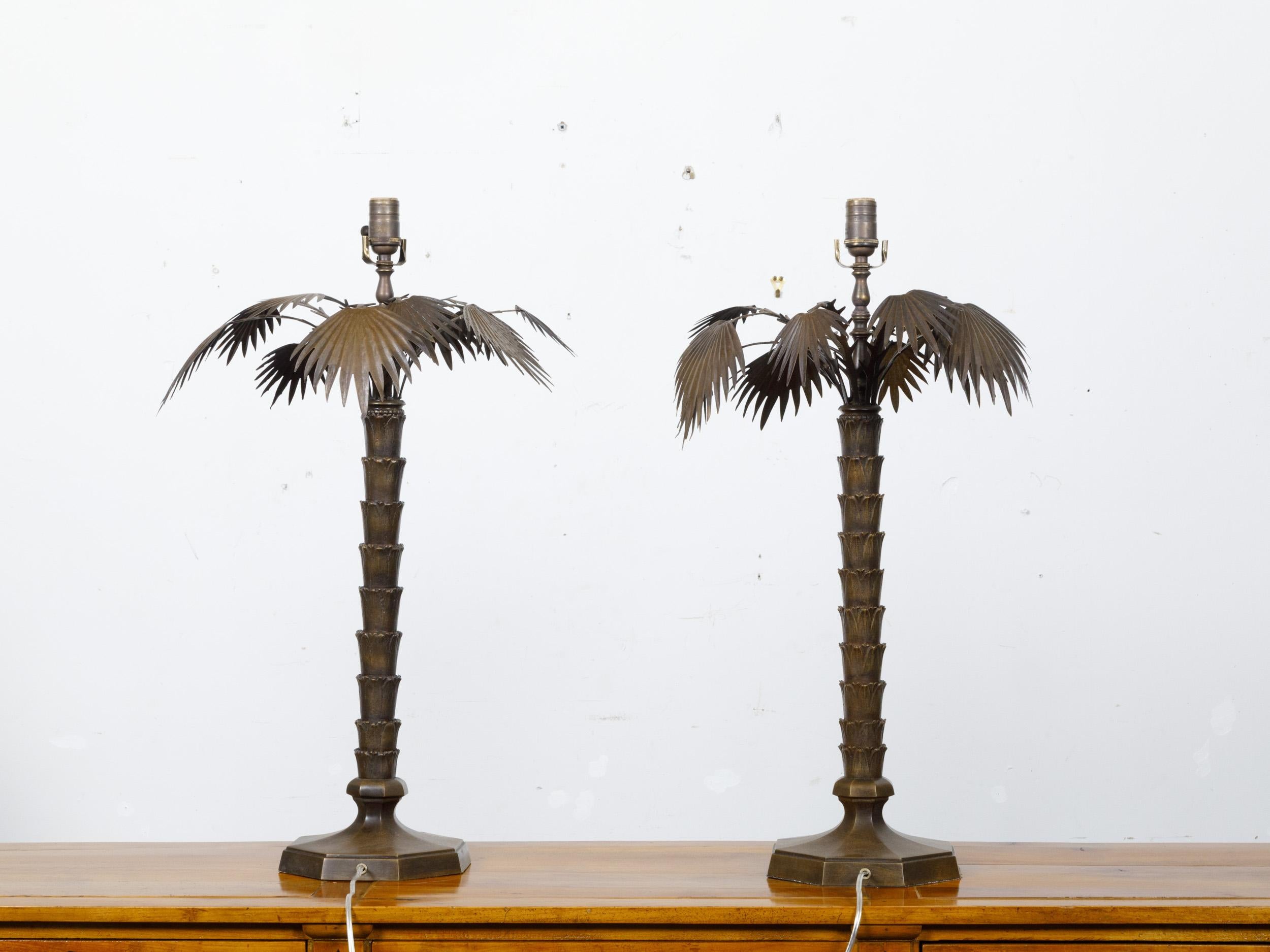 Pair of French 1920s Bronze Palm Tree Table Lamps on Octagonal Bases, USA Wired In Good Condition For Sale In Atlanta, GA