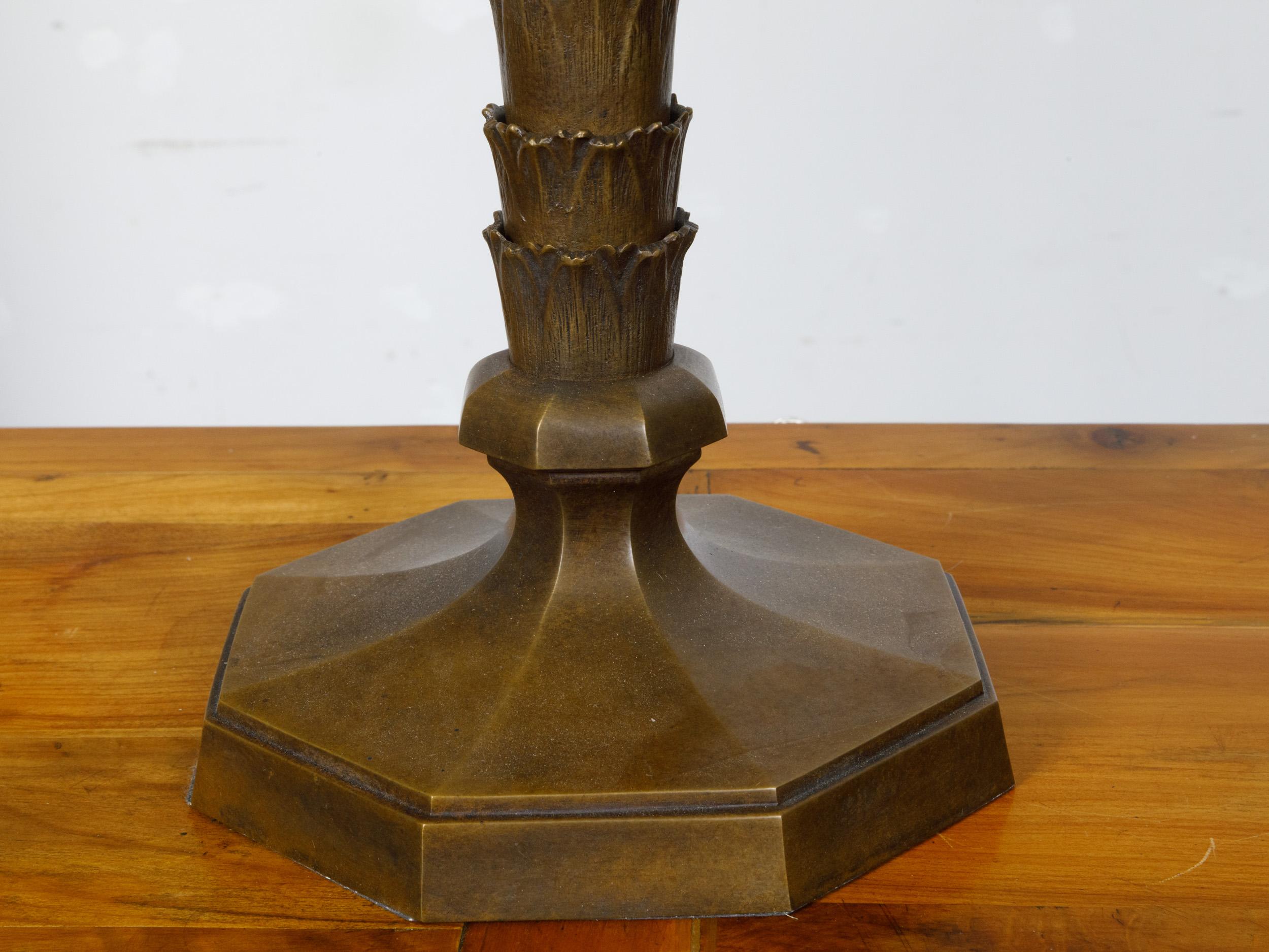 Pair of French 1920s Bronze Palm Tree Table Lamps on Octagonal Bases, USA Wired For Sale 1