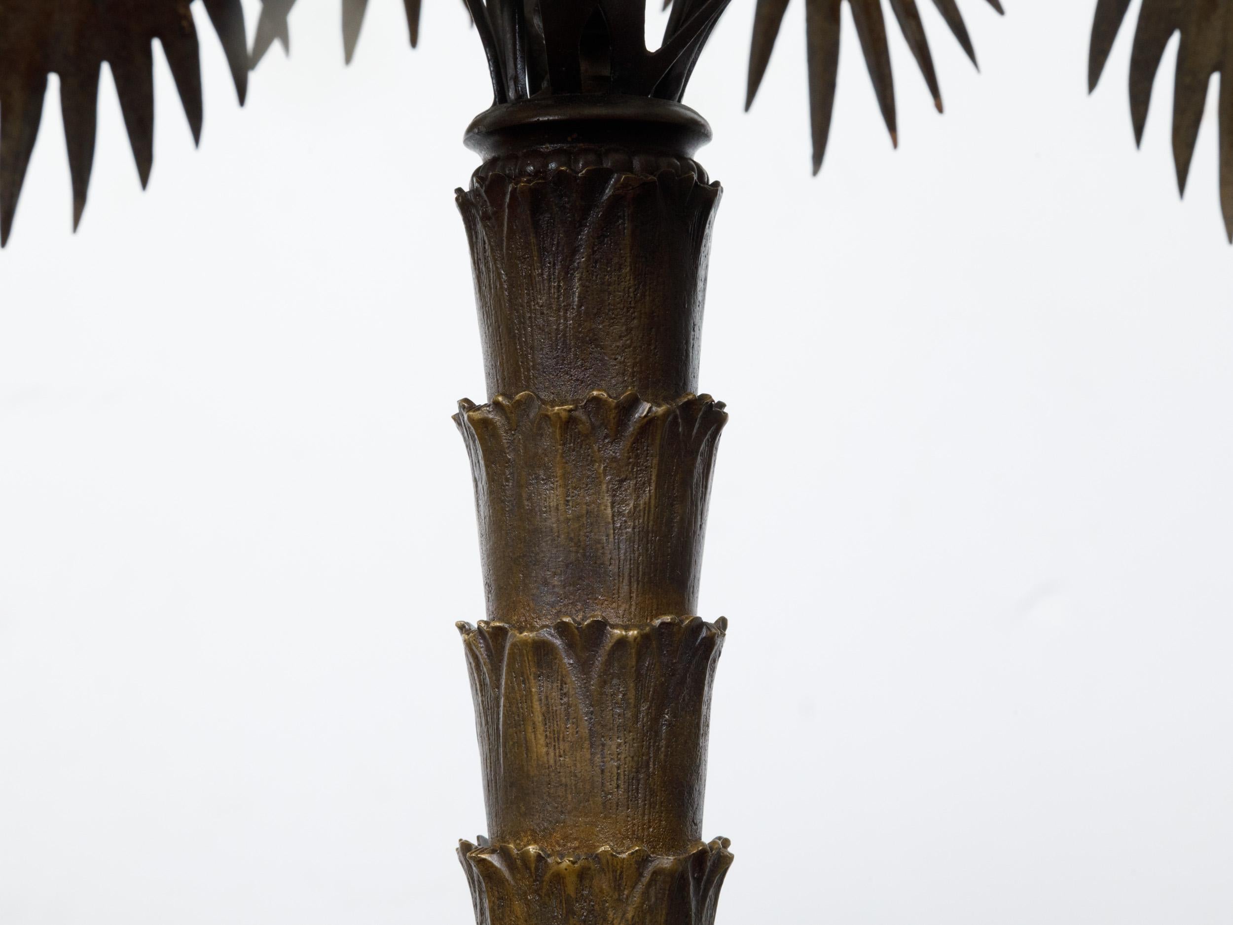 Pair of French 1920s Bronze Palm Tree Table Lamps on Octagonal Bases, USA Wired For Sale 3