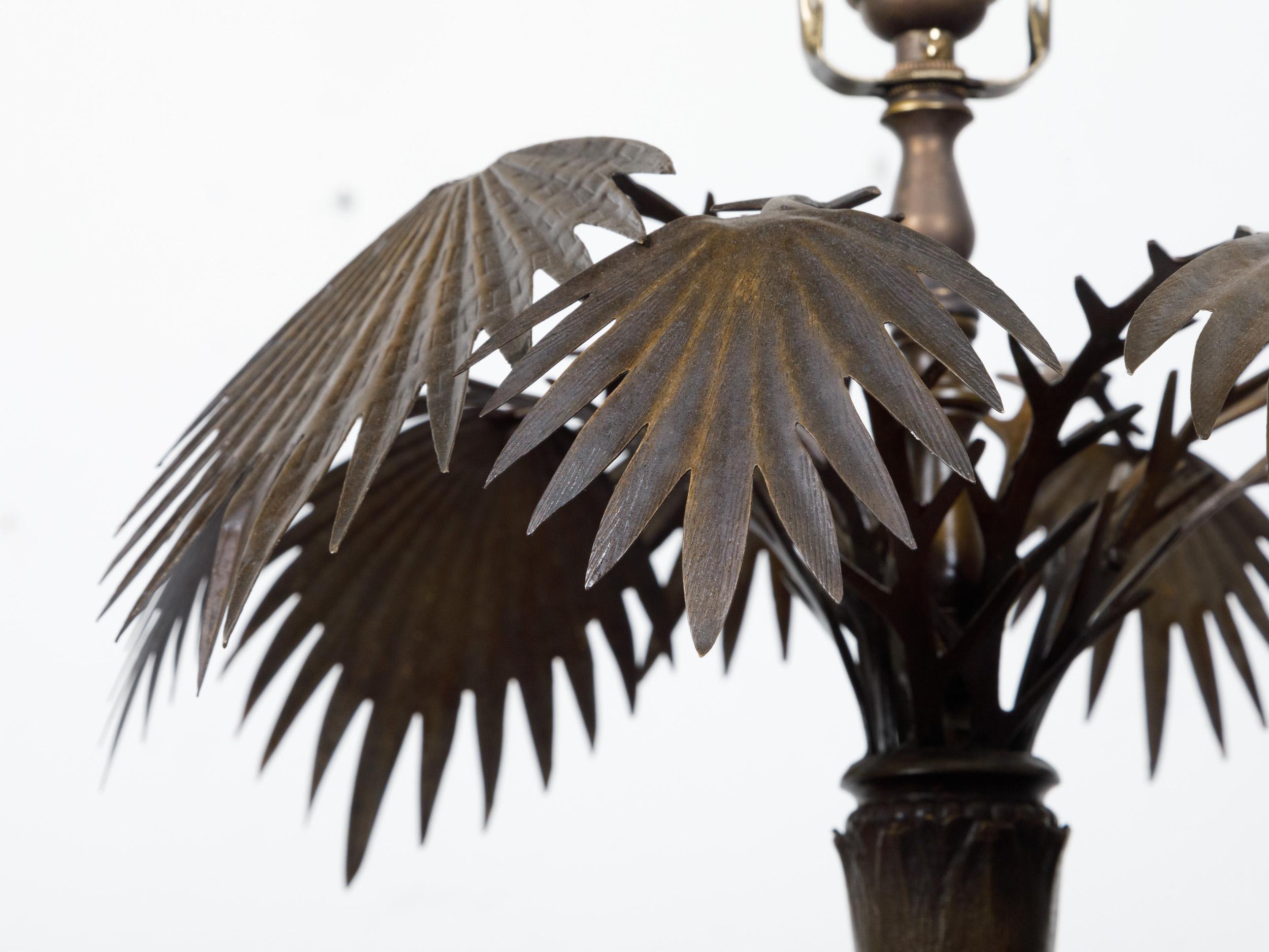 Pair of French 1920s Bronze Palm Tree Table Lamps on Octagonal Bases, USA Wired For Sale 4