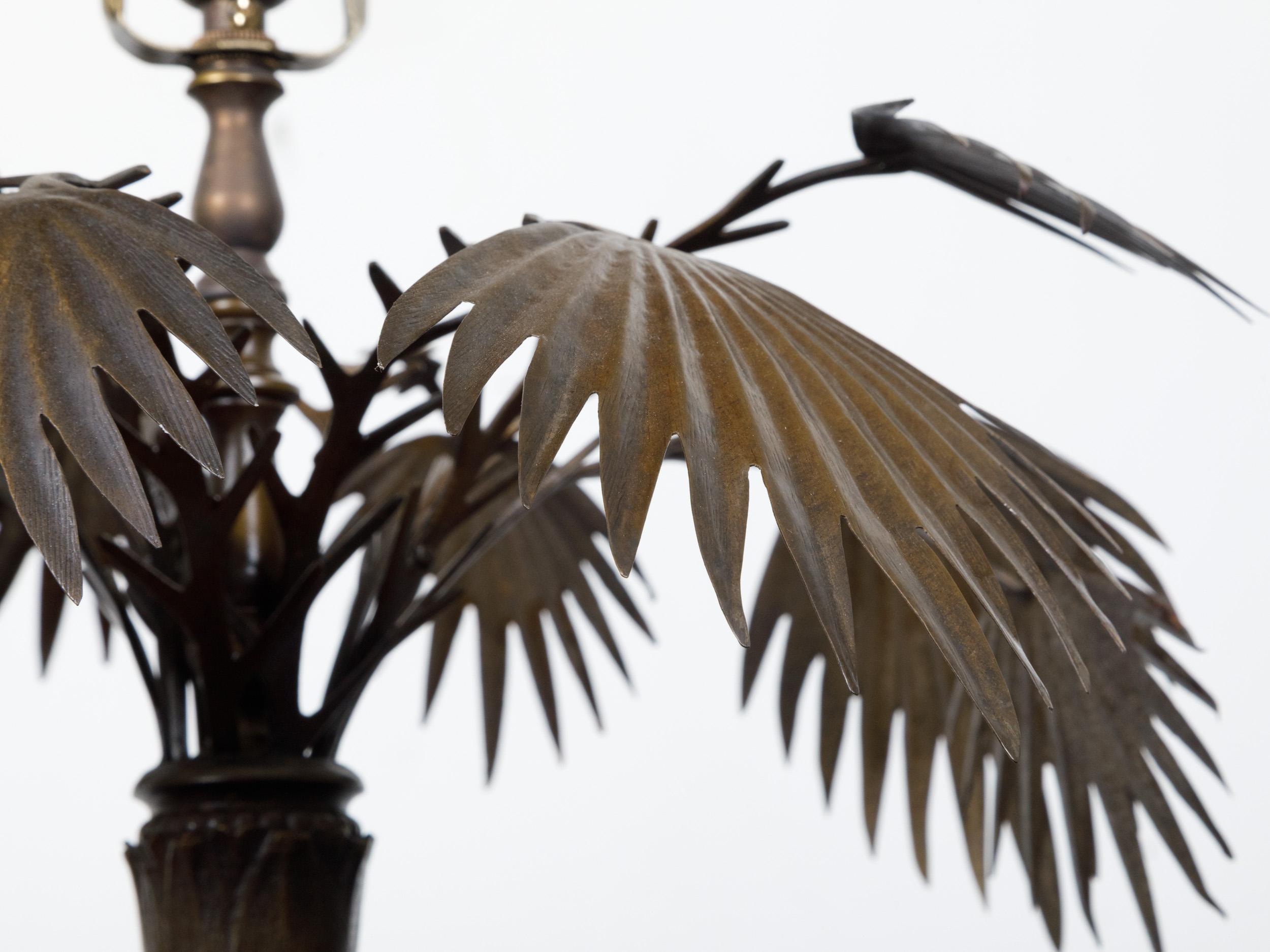 Pair of French 1920s Bronze Palm Tree Table Lamps on Octagonal Bases, USA Wired For Sale 5