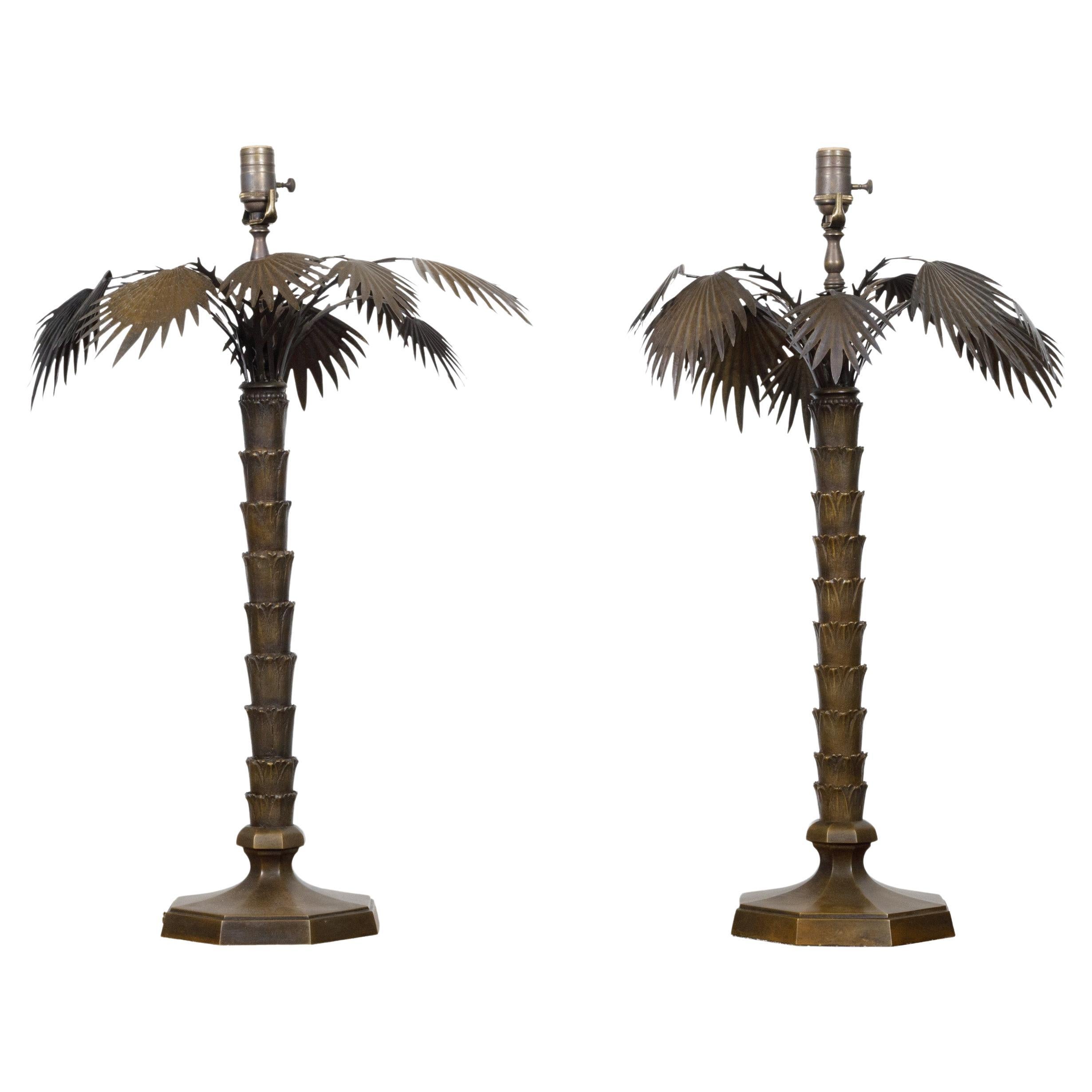 Pair of French 1920s Bronze Palm Tree Table Lamps on Octagonal Bases, USA Wired