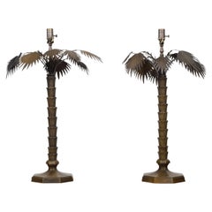 Paar französische Palmen-Tischlampen aus Bronze der 1920er Jahre auf achteckigen Sockeln, USA verkabelt