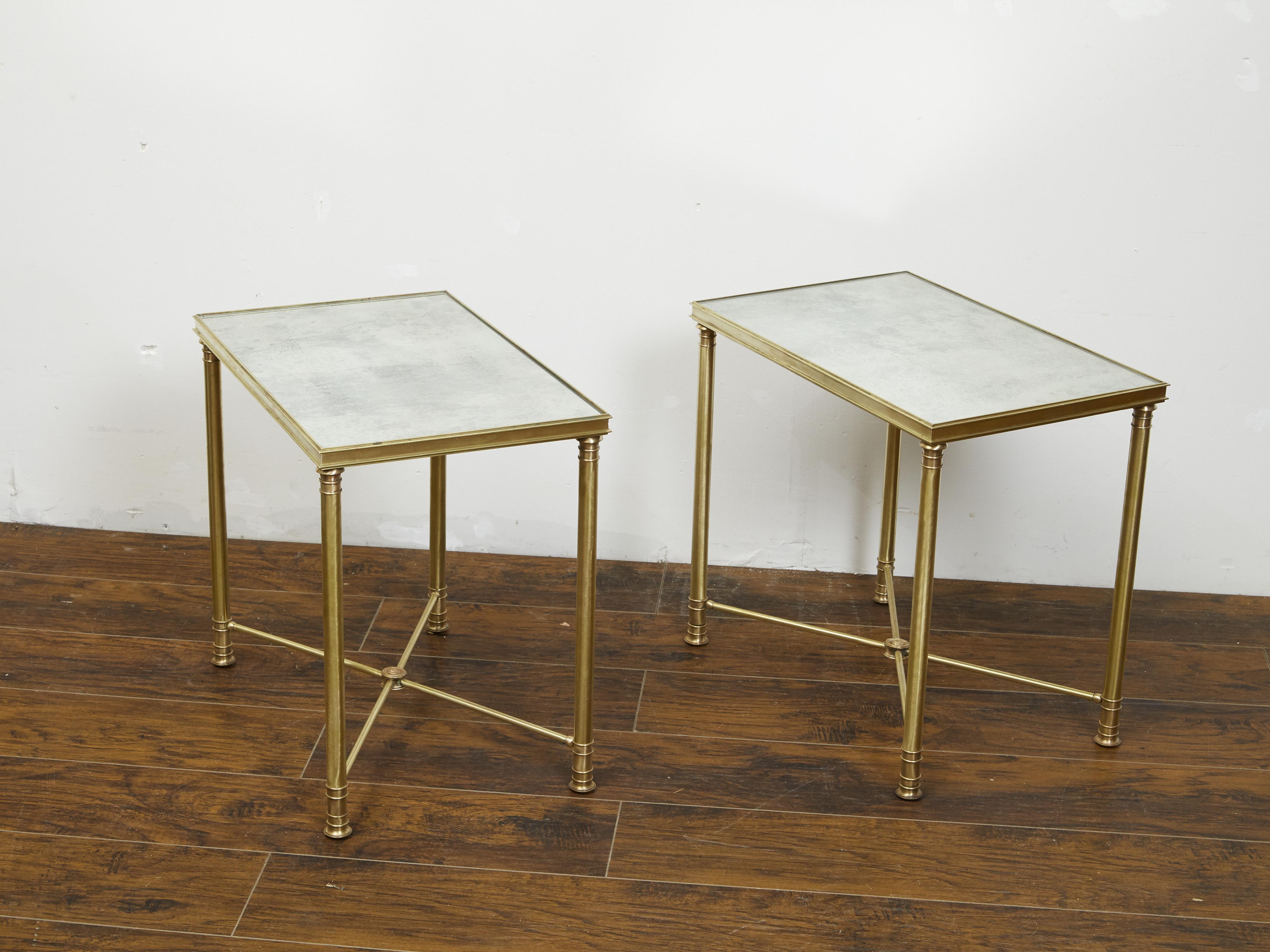 Pair of French 1920s Bronze Side Tables with Mirrored Tops and Cross Stretchers 6