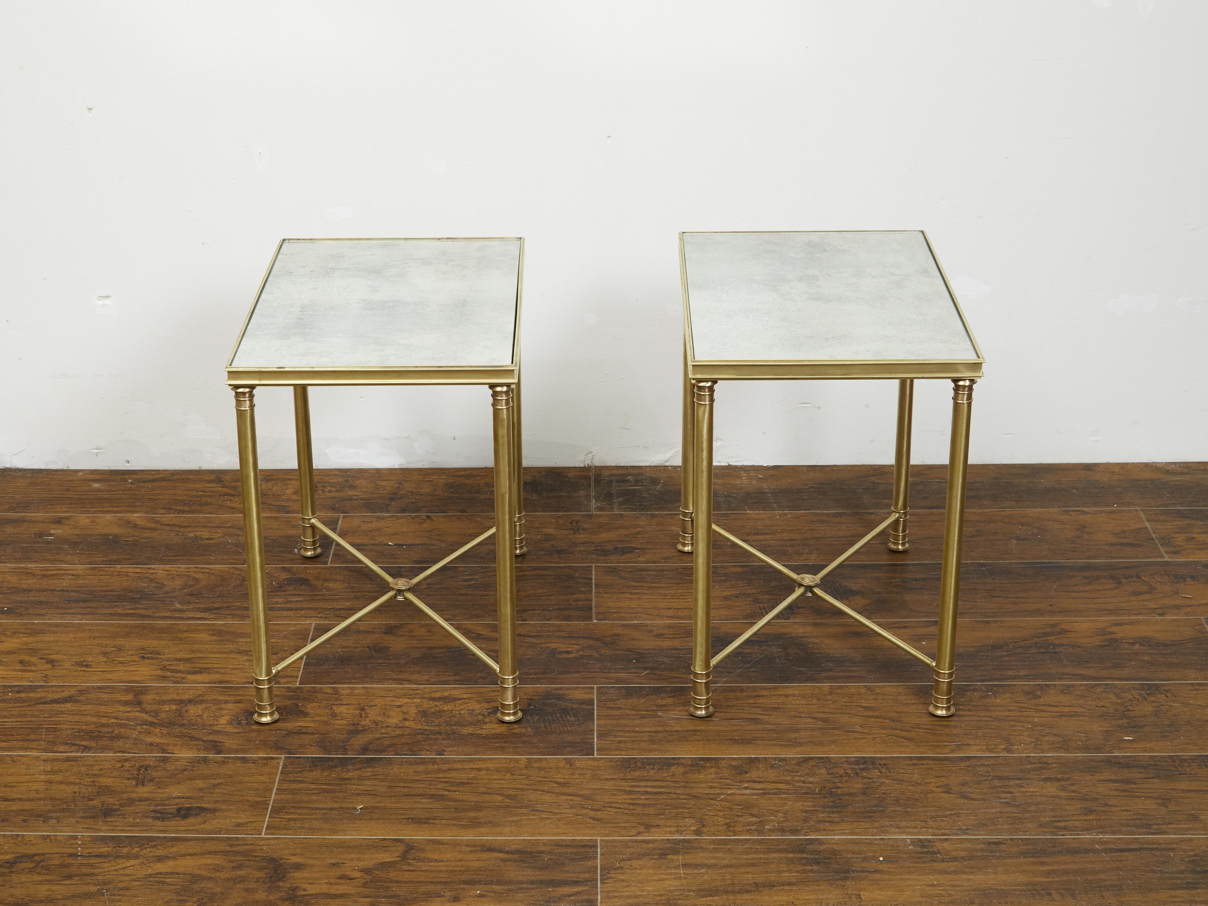 Pair of French 1920s Bronze Side Tables with Mirrored Tops and Cross Stretchers 7