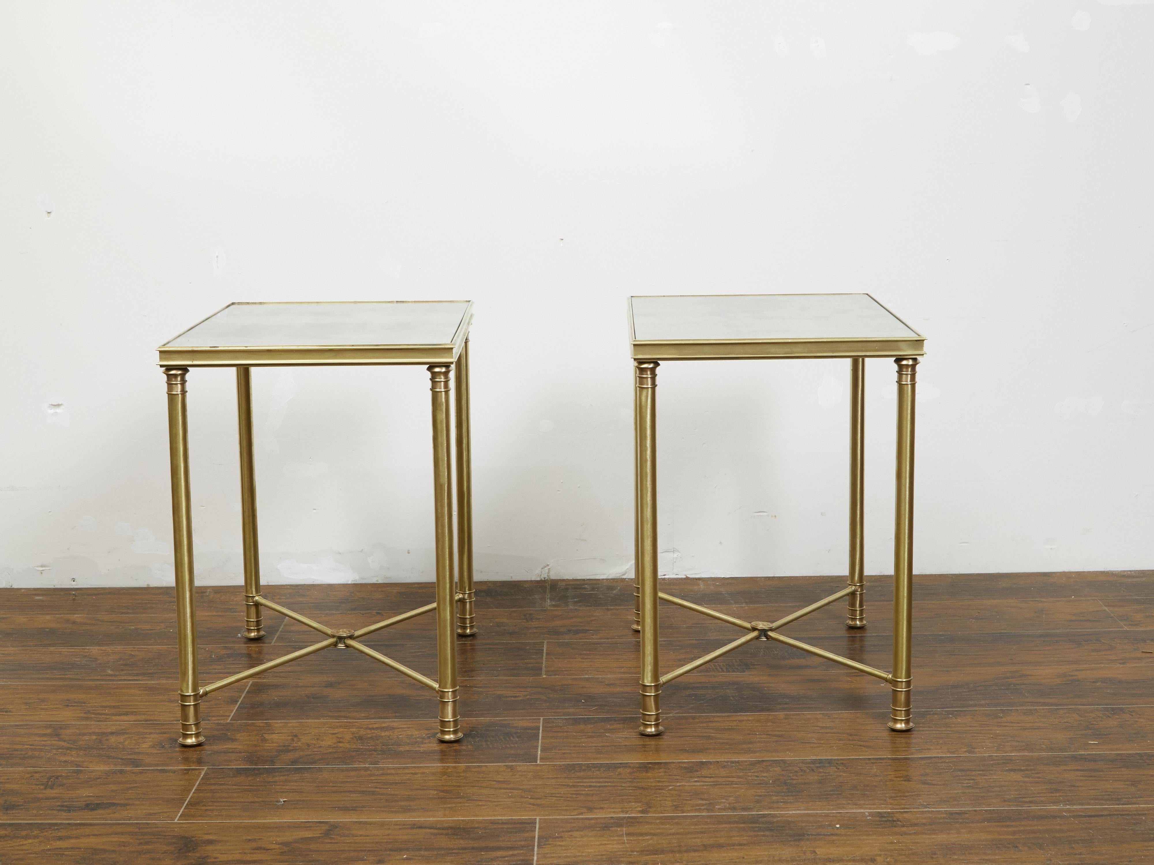 Pair of French 1920s Bronze Side Tables with Mirrored Tops and Cross Stretchers 8