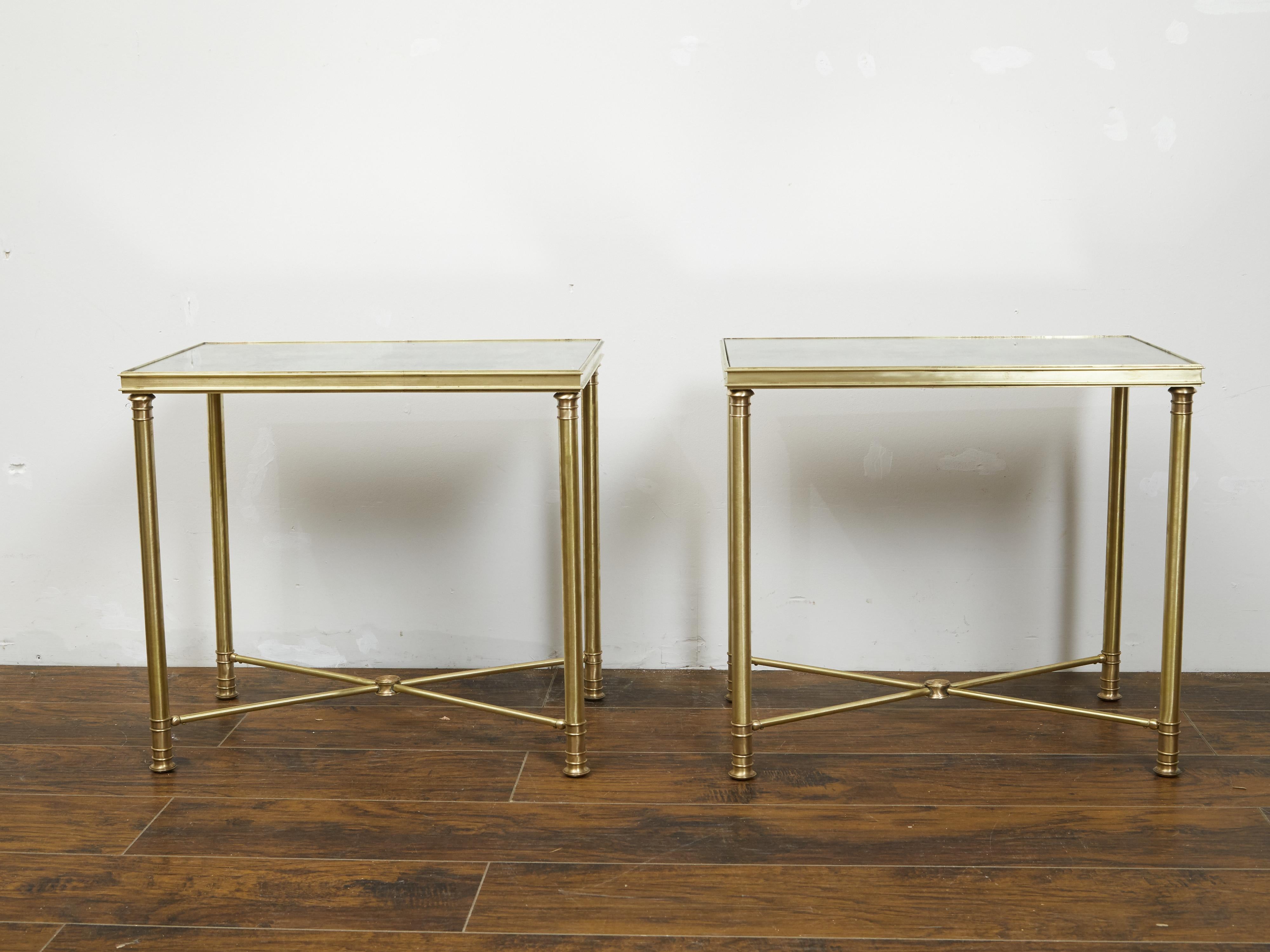 20th Century Pair of French 1920s Bronze Side Tables with Mirrored Tops and Cross Stretchers