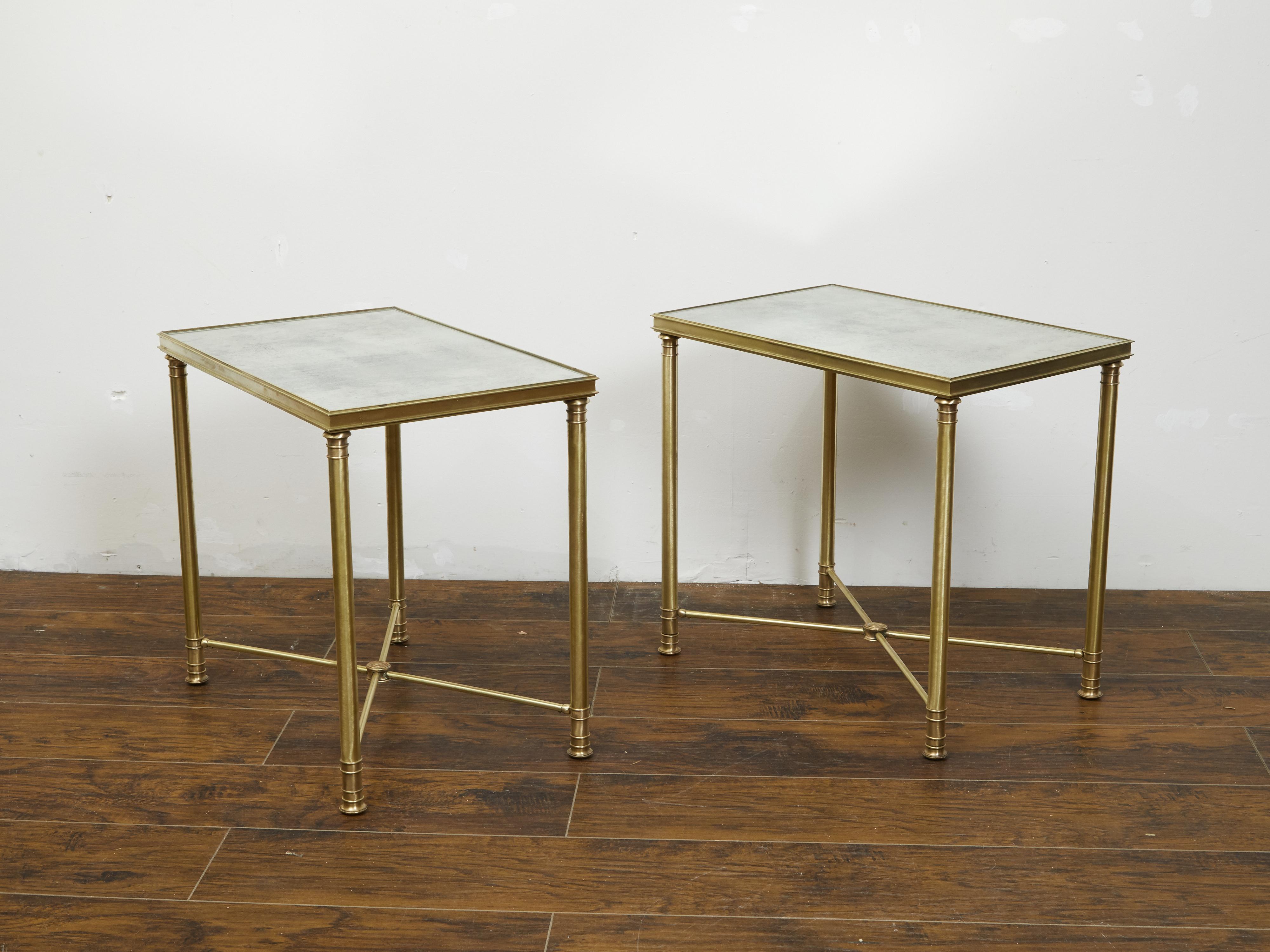 Pair of French 1920s Bronze Side Tables with Mirrored Tops and Cross Stretchers 4