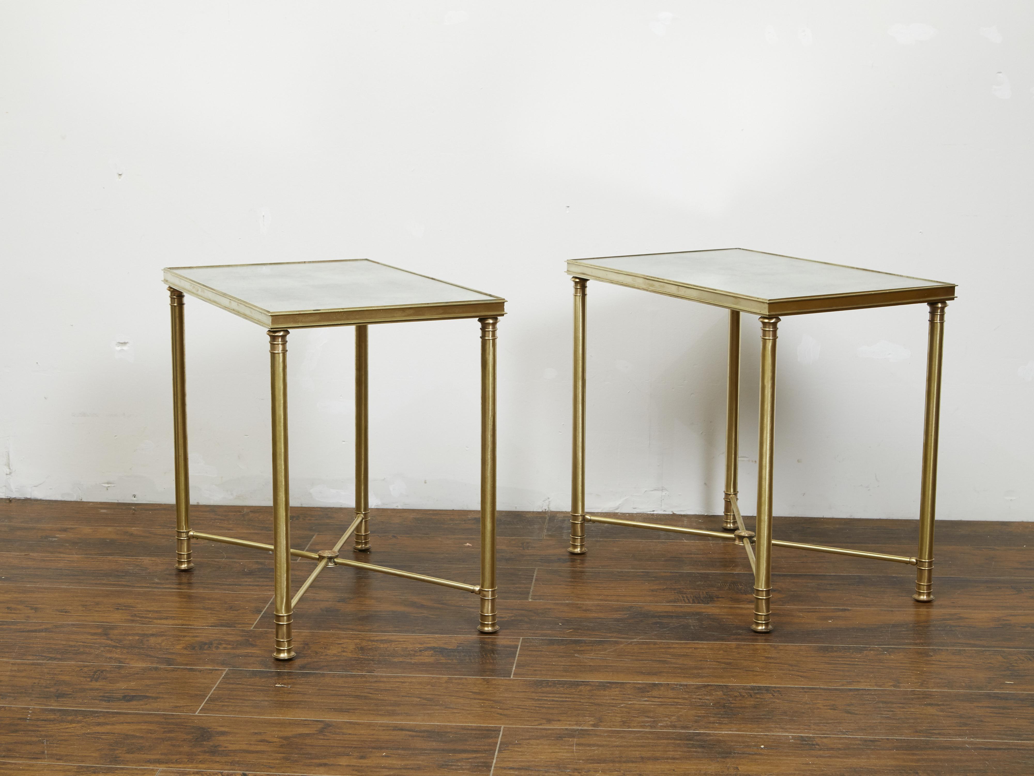 Pair of French 1920s Bronze Side Tables with Mirrored Tops and Cross Stretchers 5