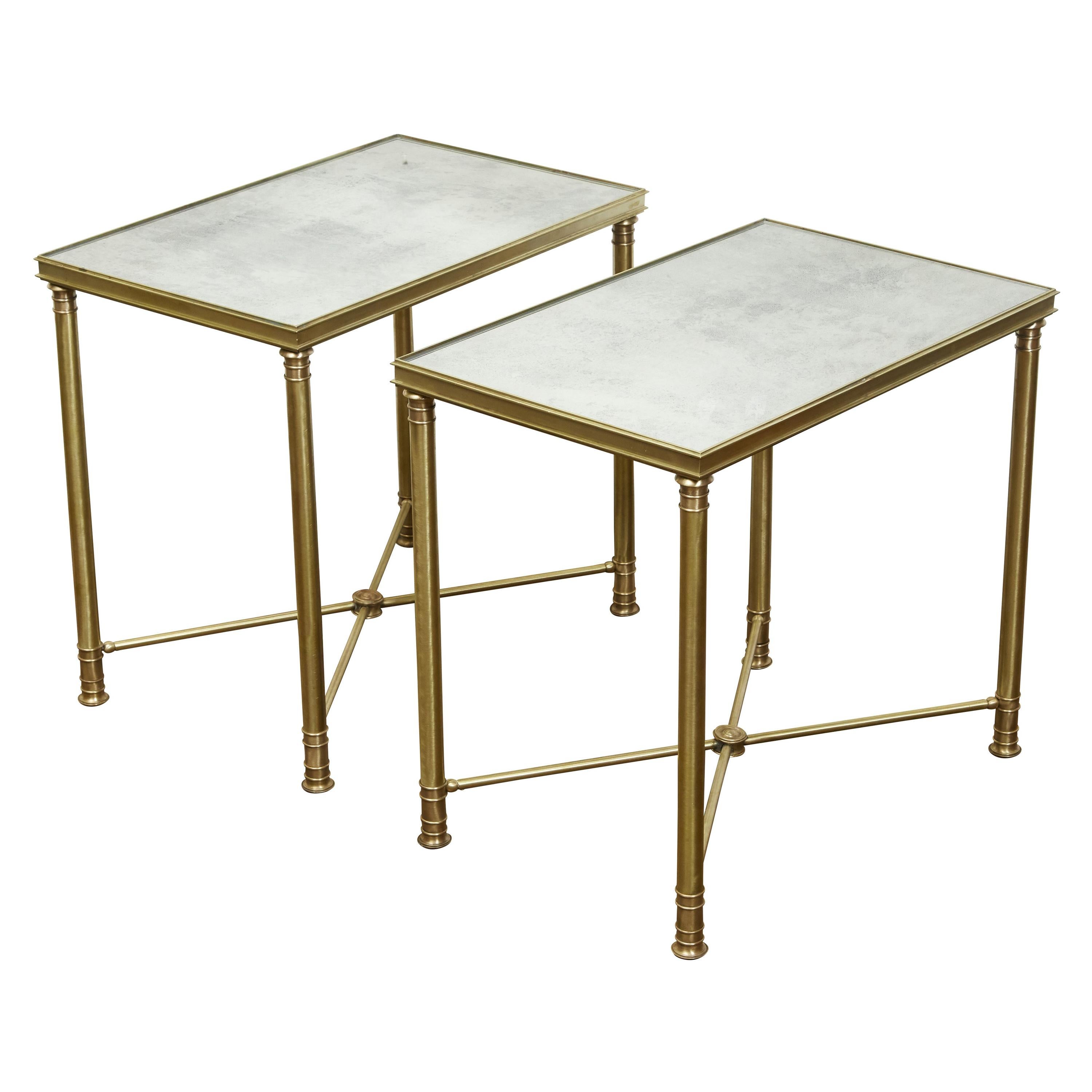 Pair of French 1920s Bronze Side Tables with Mirrored Tops and Cross Stretchers