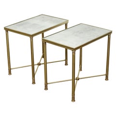 Pair of French 1920s Bronze Side Tables with Mirrored Tops and Cross Stretchers