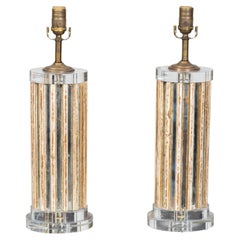 Antique Pair of French 1920s Cylindrical Painted Wood and Mirrored Lamps on Lucite Bases