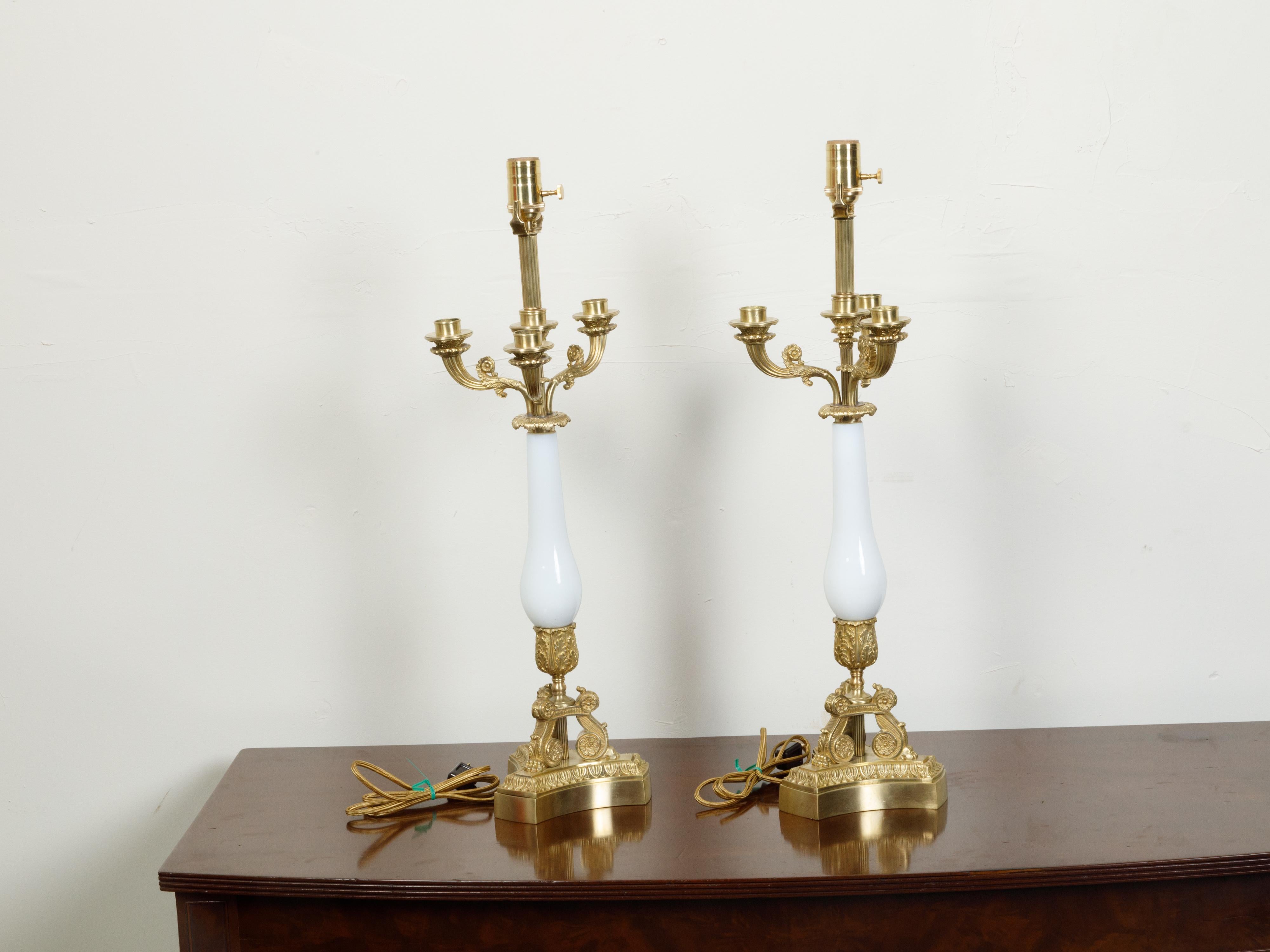 Pair of French 1920s Empire Style Bronze and Opaline Glass Table Lamps, Wired In Good Condition For Sale In Atlanta, GA