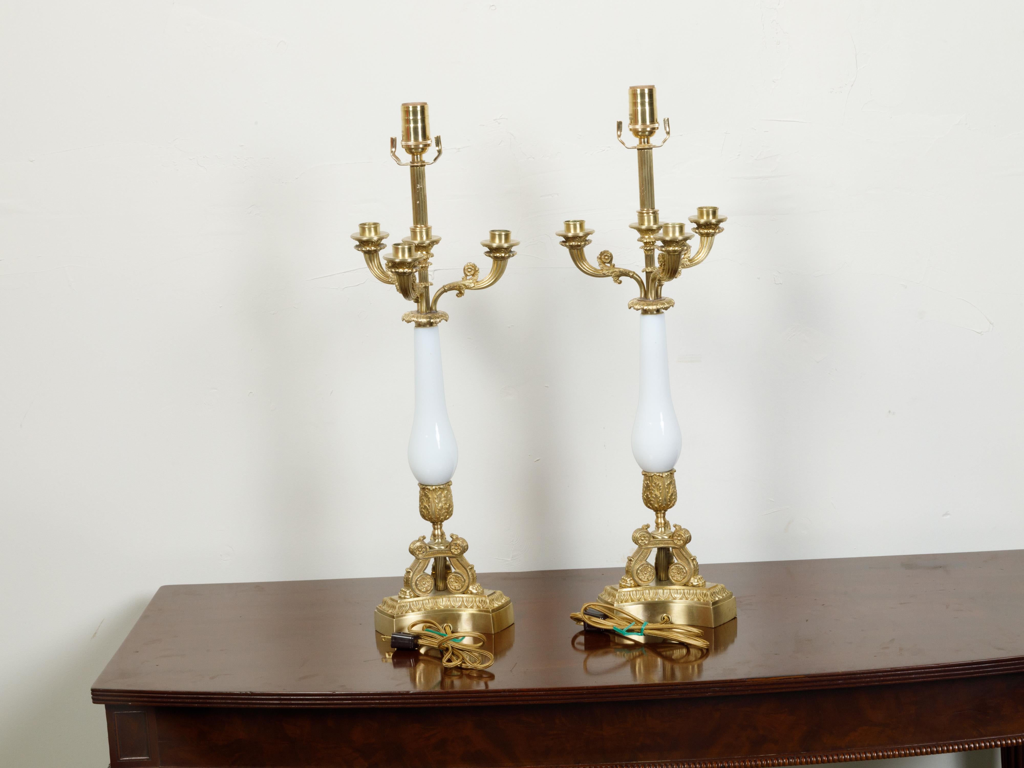 20th Century Pair of French 1920s Empire Style Bronze and Opaline Glass Table Lamps, Wired For Sale