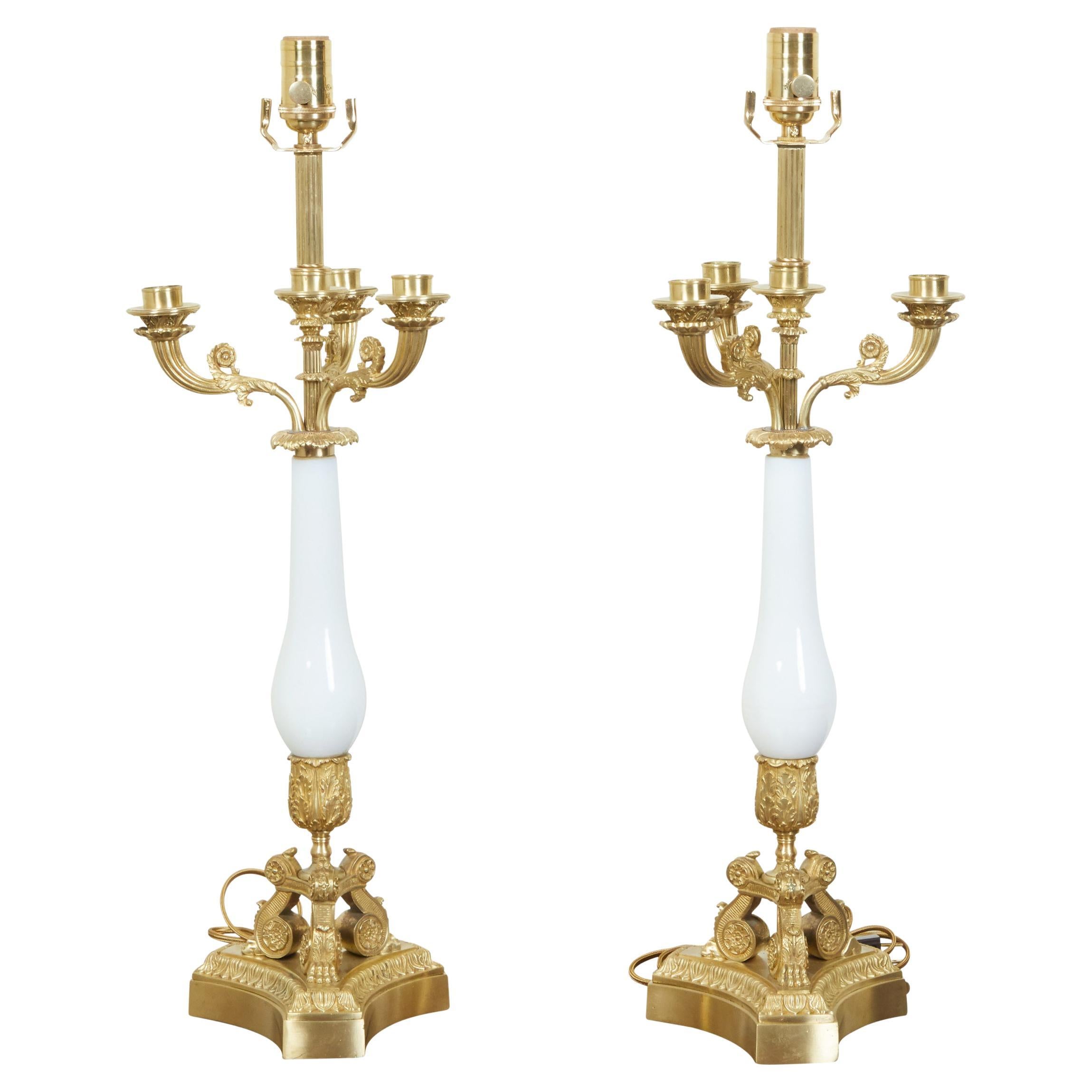 Pair of French 1920s Empire Style Bronze and Opaline Glass Table Lamps, Wired