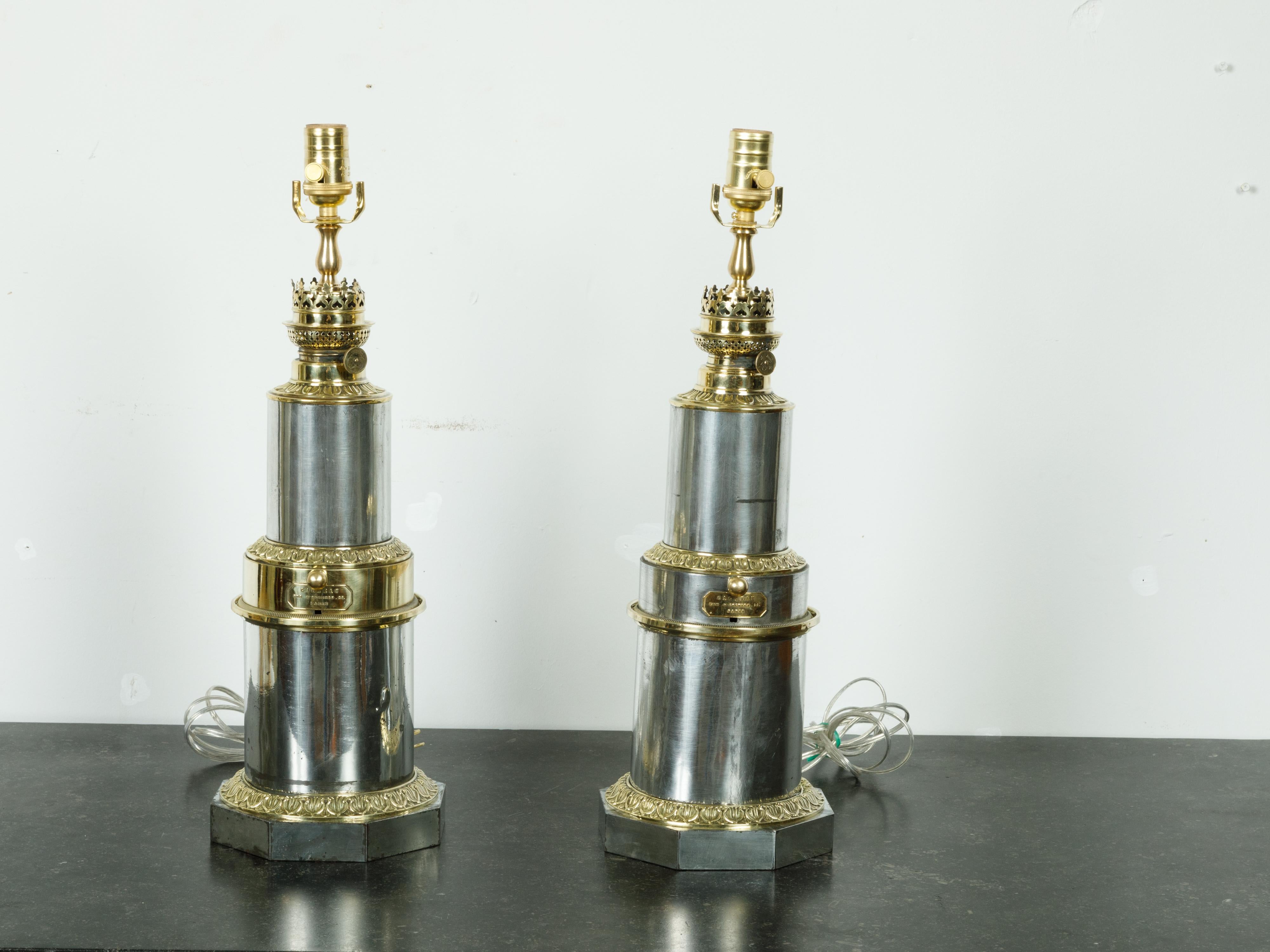 Pair of French 1920s Gagneau Paris Steel and Brass Table Lamps with Waterleaves In Good Condition For Sale In Atlanta, GA