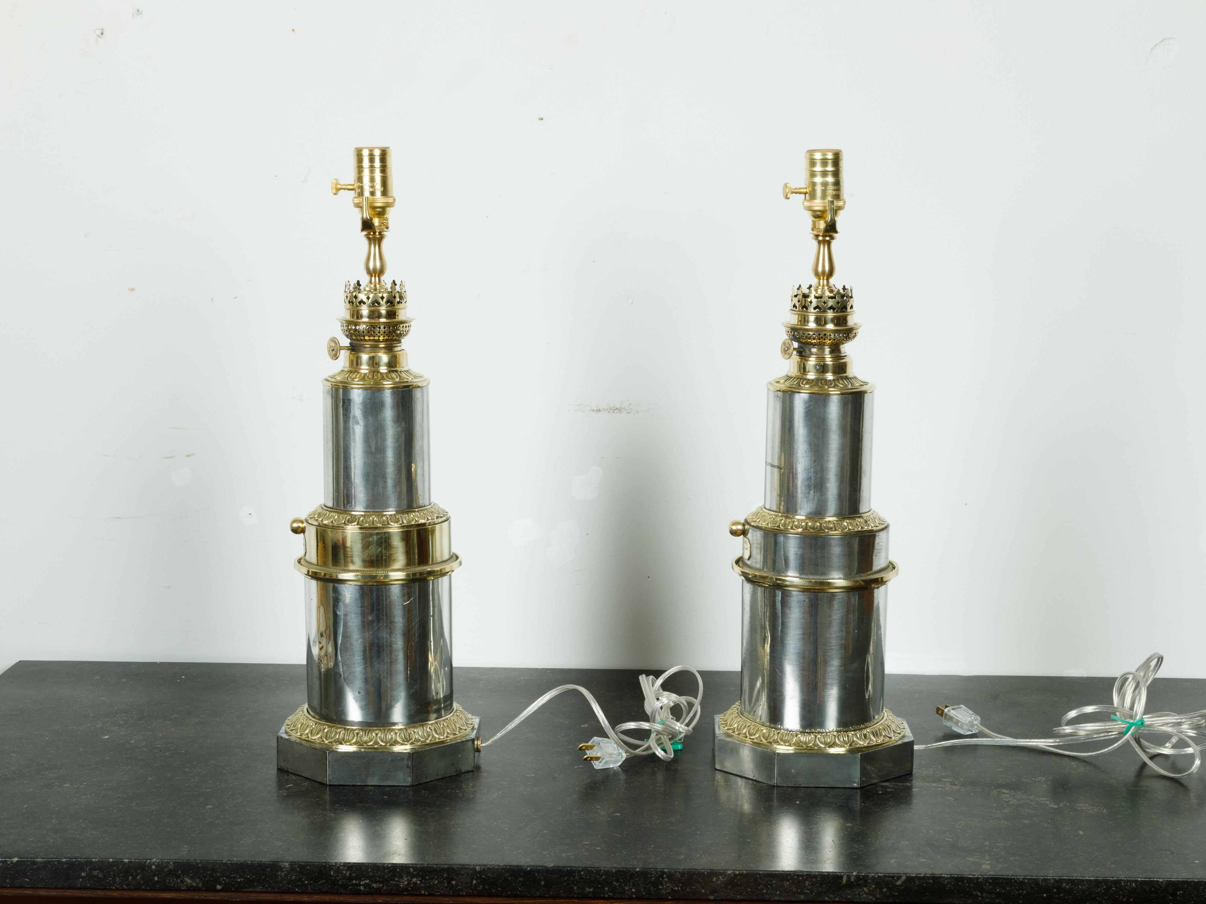 Pair of French 1920s Gagneau Paris Steel and Brass Table Lamps with Waterleaves For Sale 5
