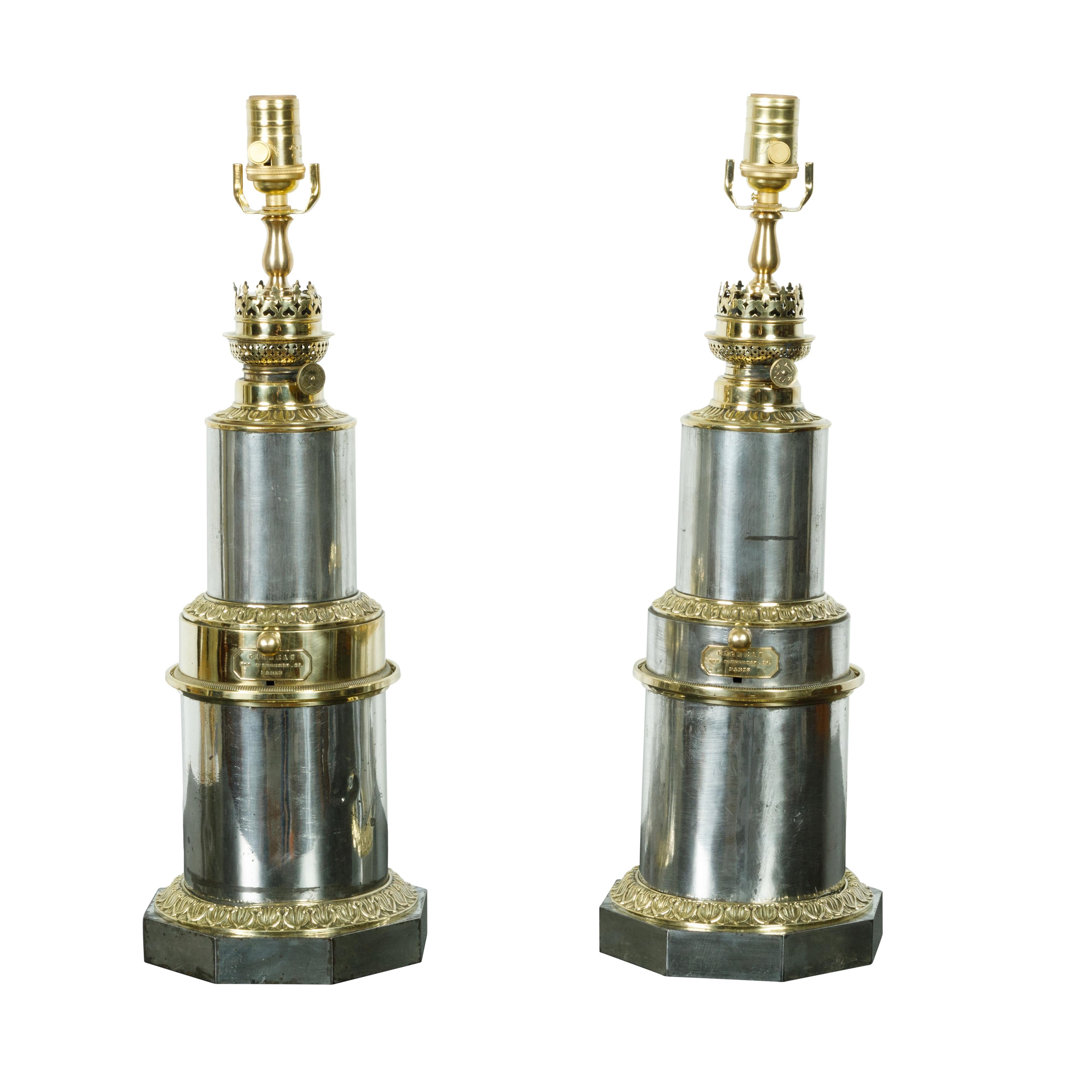 Pair of French 1920s Gagneau Paris Steel and Brass Table Lamps with Waterleaves For Sale