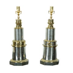 Antique Pair of French 1920s Gagneau Paris Steel and Brass Table Lamps with Waterleaves