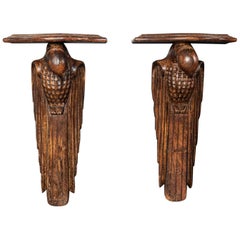 Pair of French 1920s Hand Carved Parrot Wall Shelves, Early 20th Century, 1920