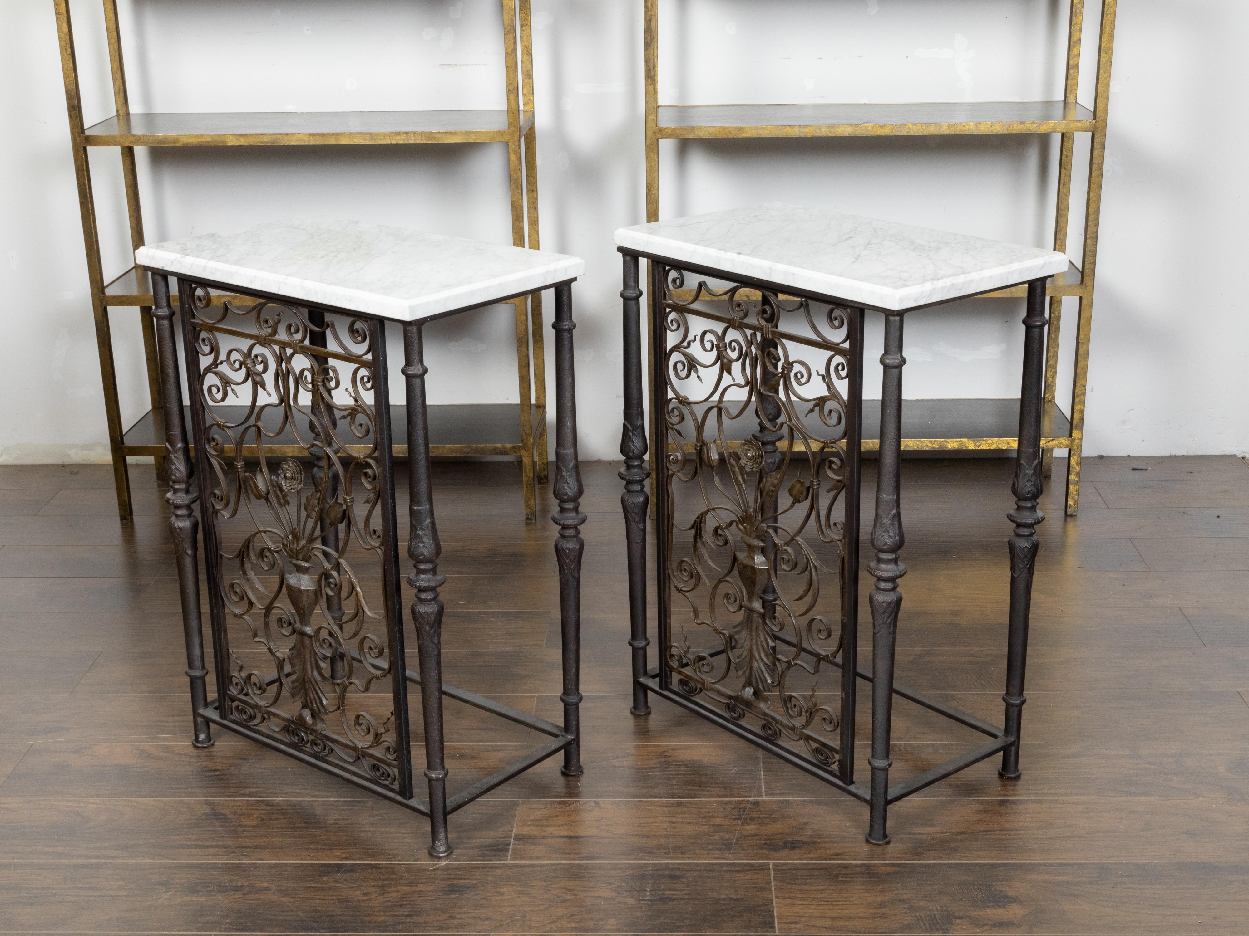 Pair of French 1920s Iron Console Tables with White Marble Tops and Bouquets In Good Condition In Atlanta, GA