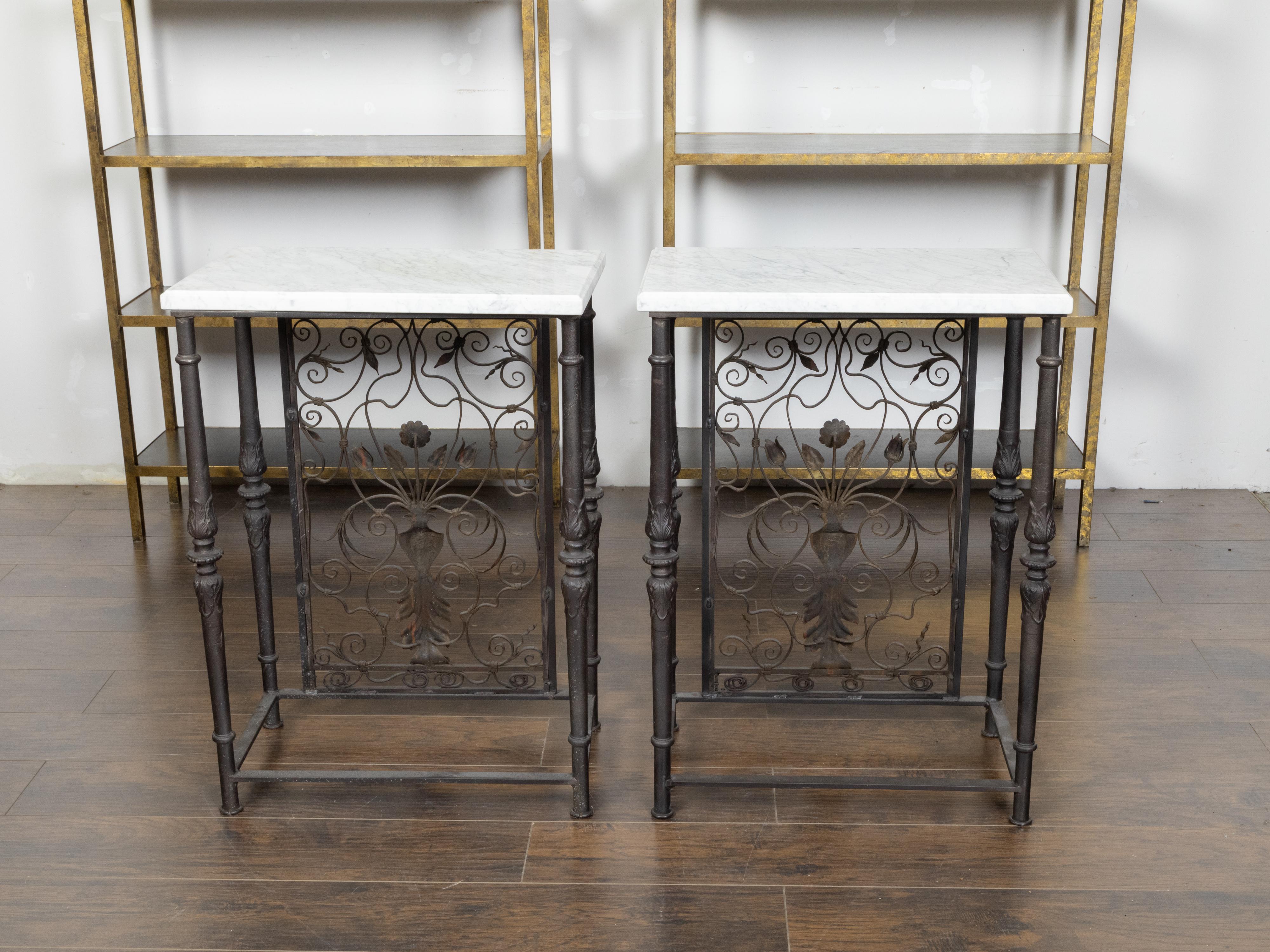 Pair of French 1920s Iron Console Tables with White Marble Tops and Bouquets 1