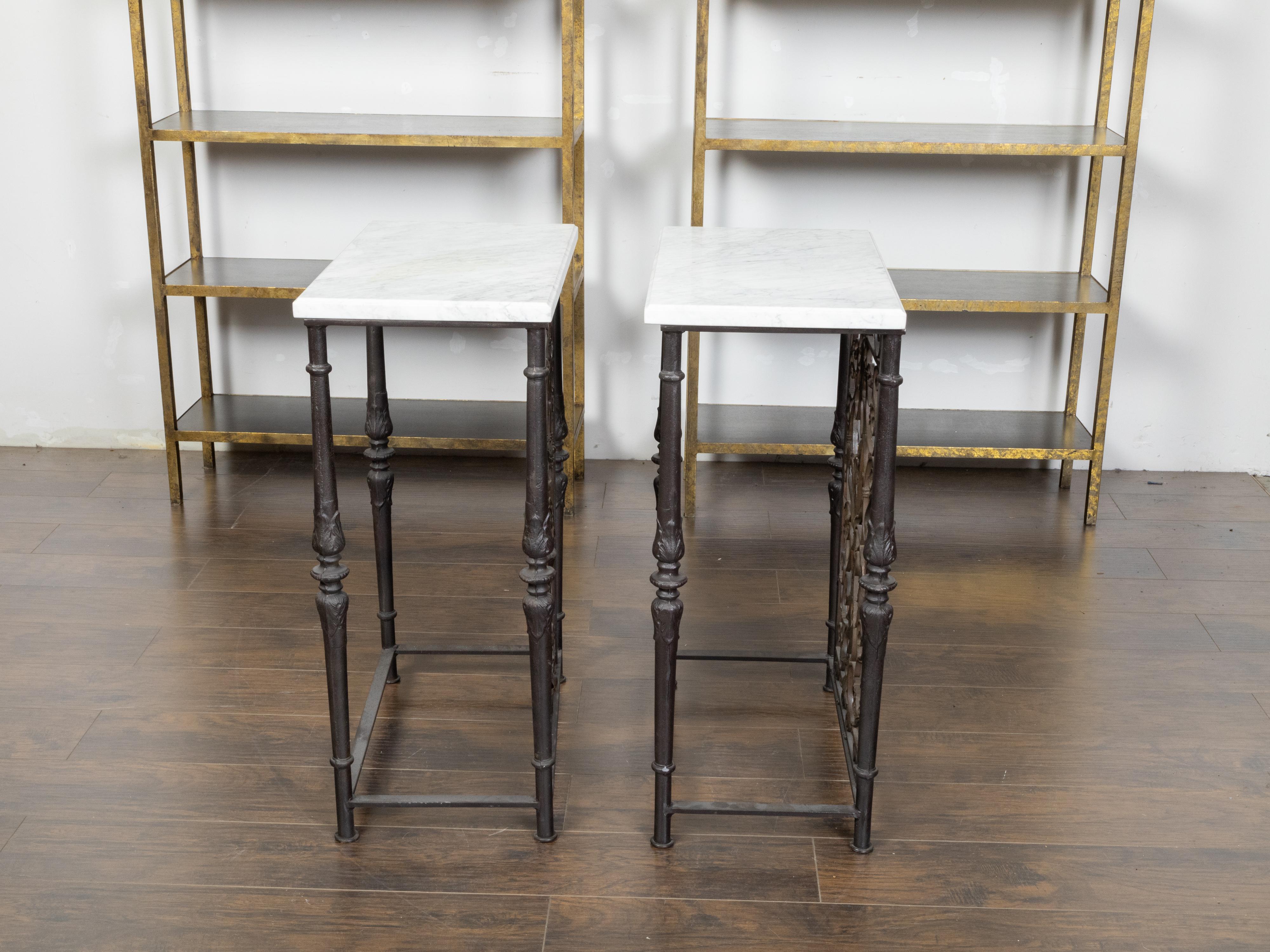 Pair of French 1920s Iron Console Tables with White Marble Tops and Bouquets 2