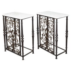 Pair of French 1920s Iron Console Tables with White Marble Tops and Bouquets